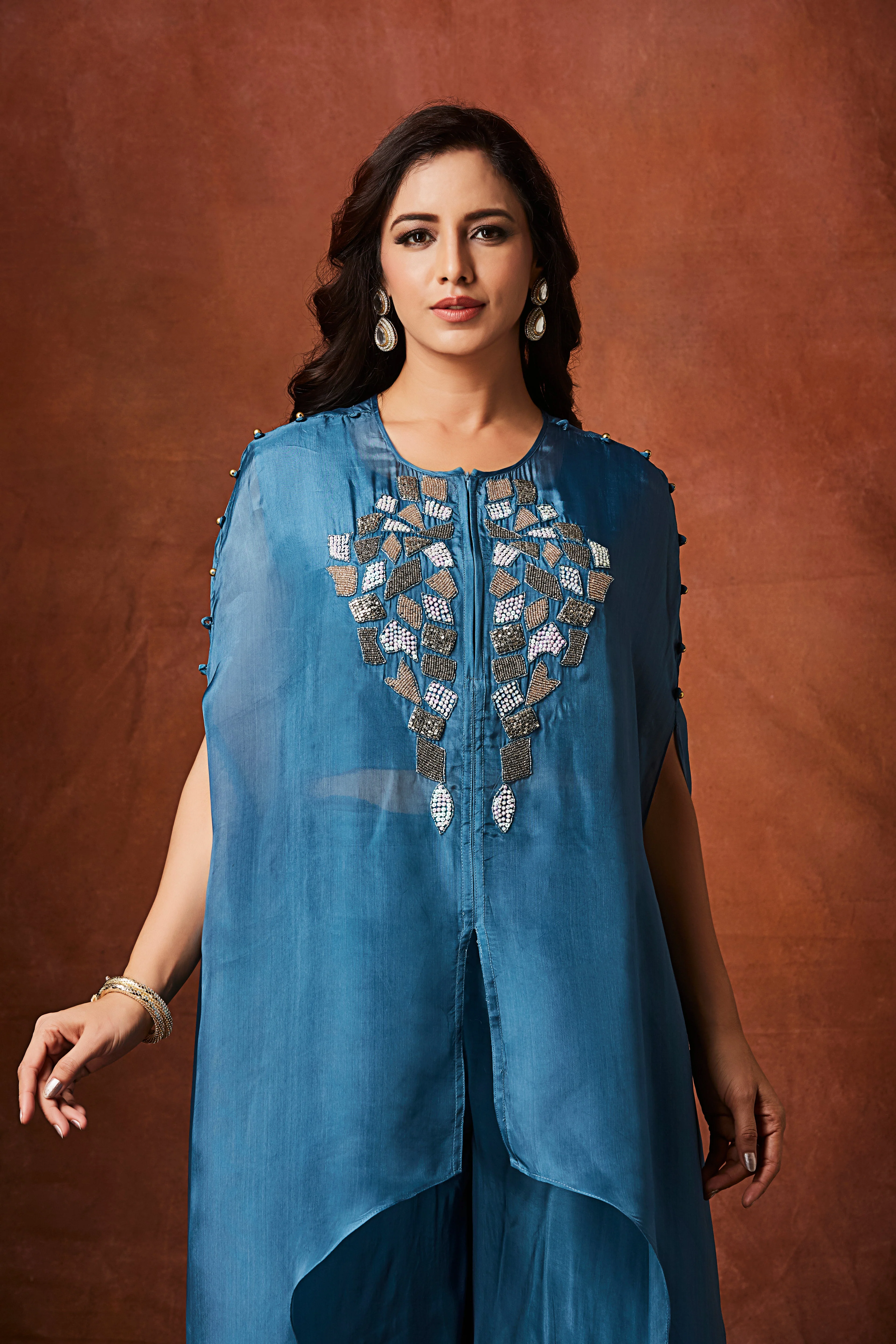 Dusty Blue Embellished Organza Silk Kaftan Set - Image 2