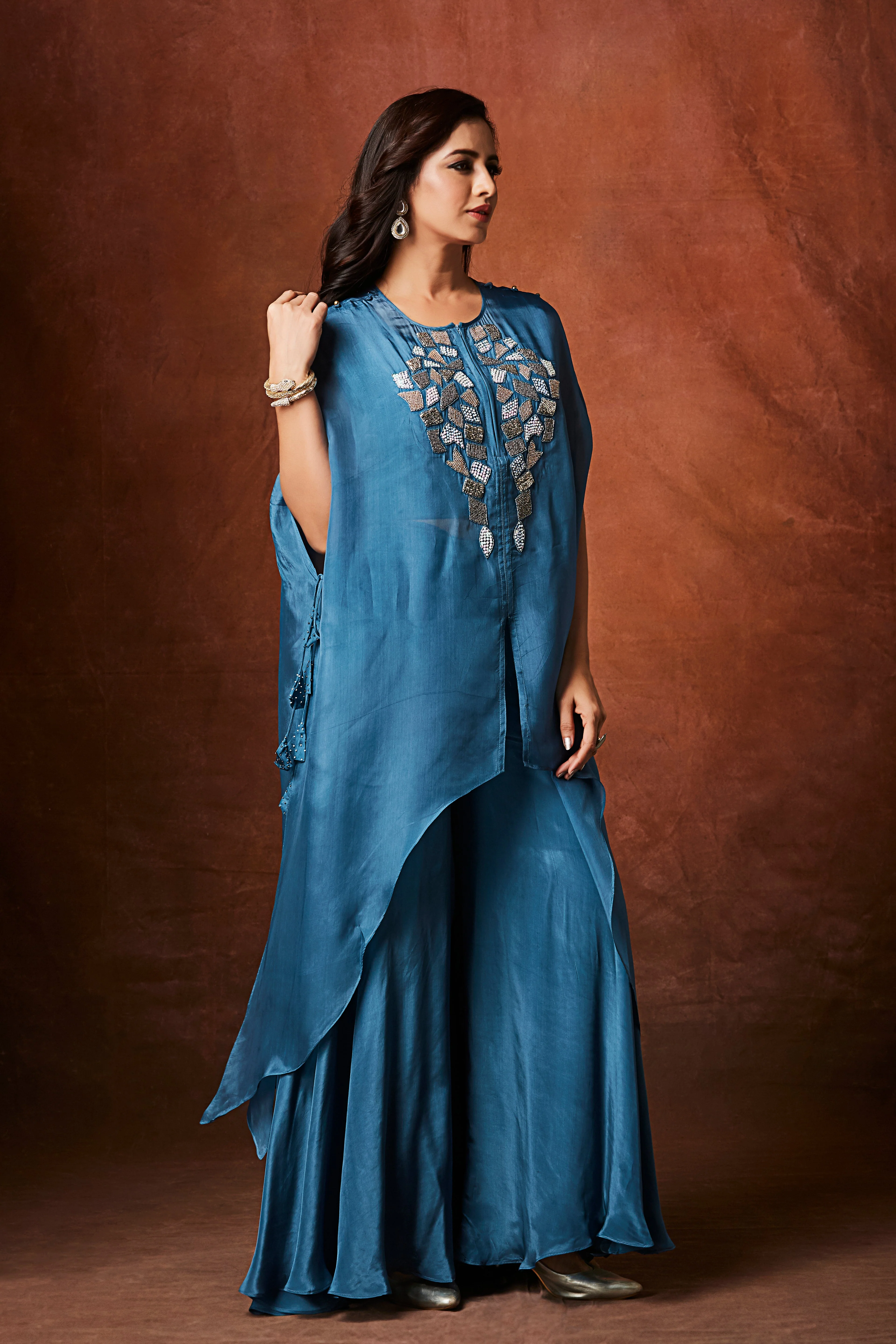 Dusty Blue Embellished Organza Silk Kaftan Set - Image 3