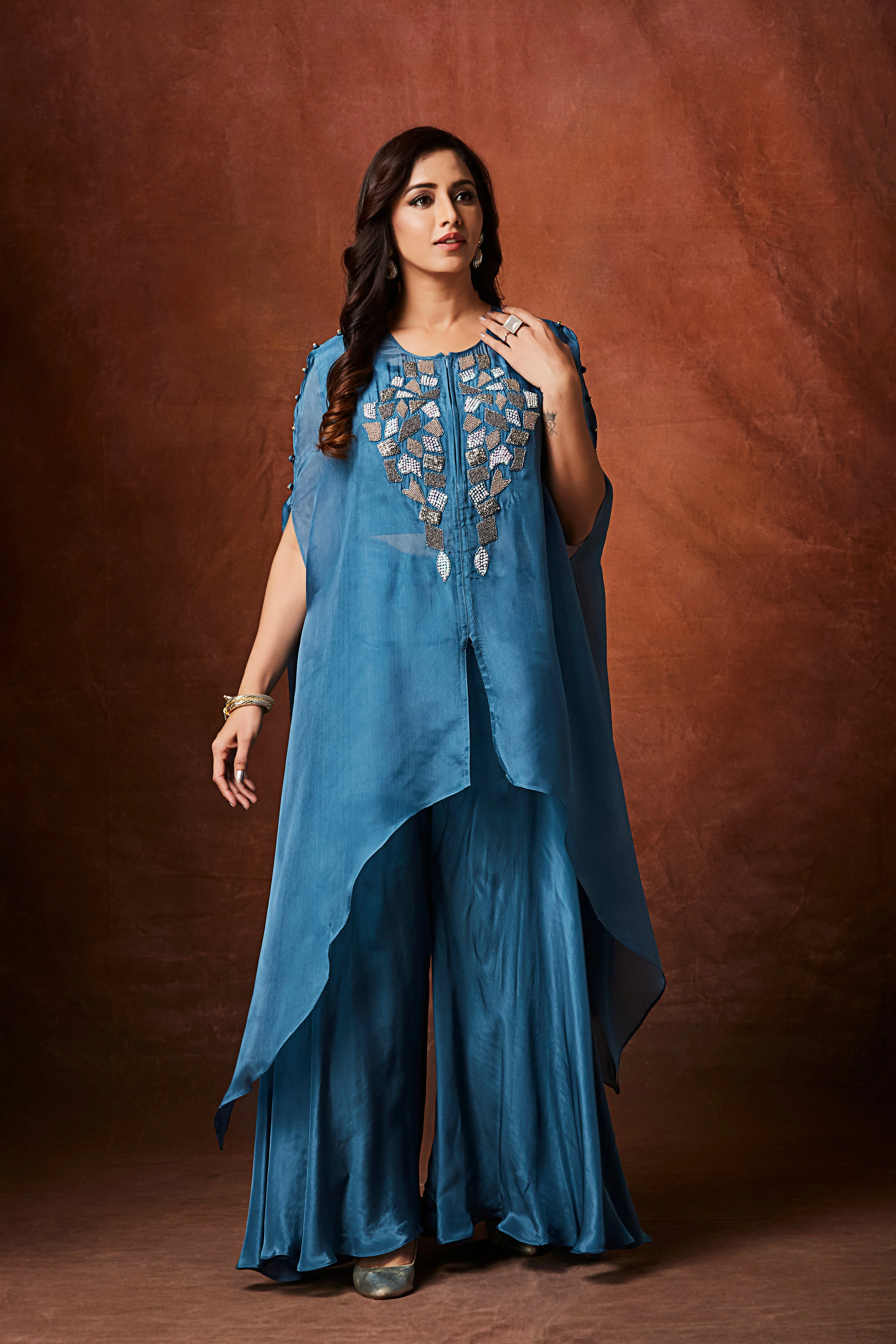 Dusty Blue Embellished Organza Silk Kaftan Set - Image 4