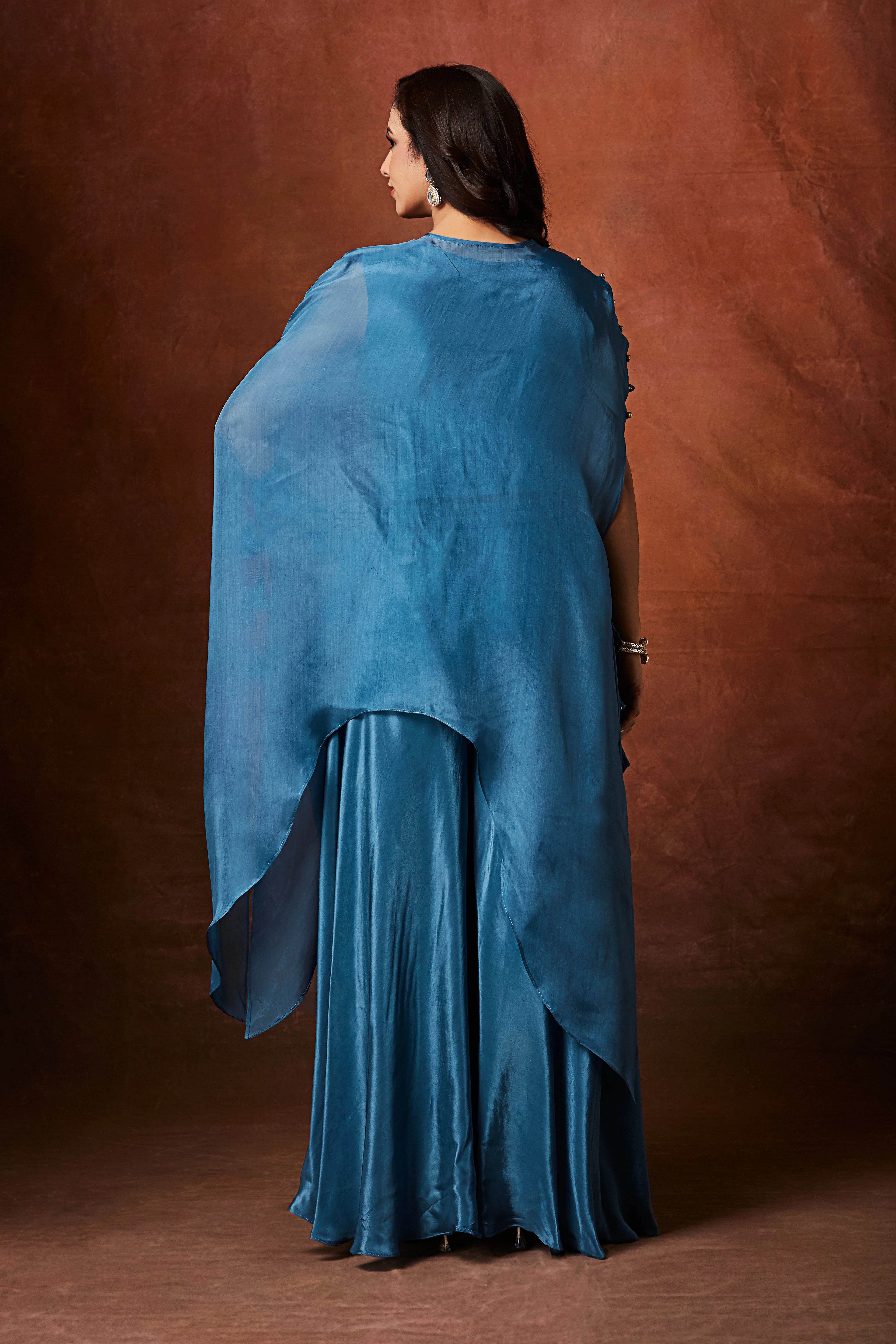 Dusty Blue Embellished Organza Silk Kaftan Set - Image 6