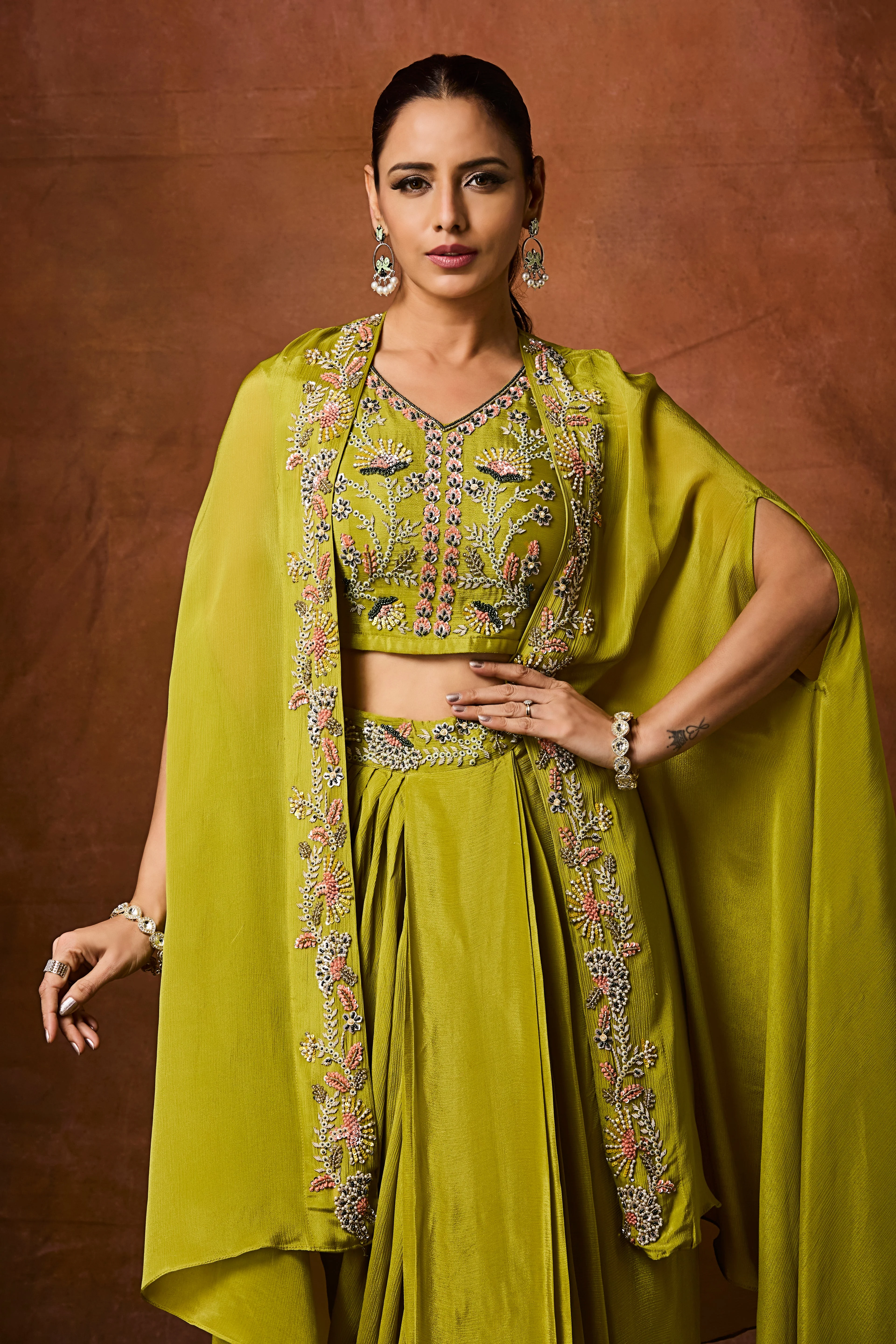 Mehandi Green Embellished Chinon Silk Cape Set - Image 2