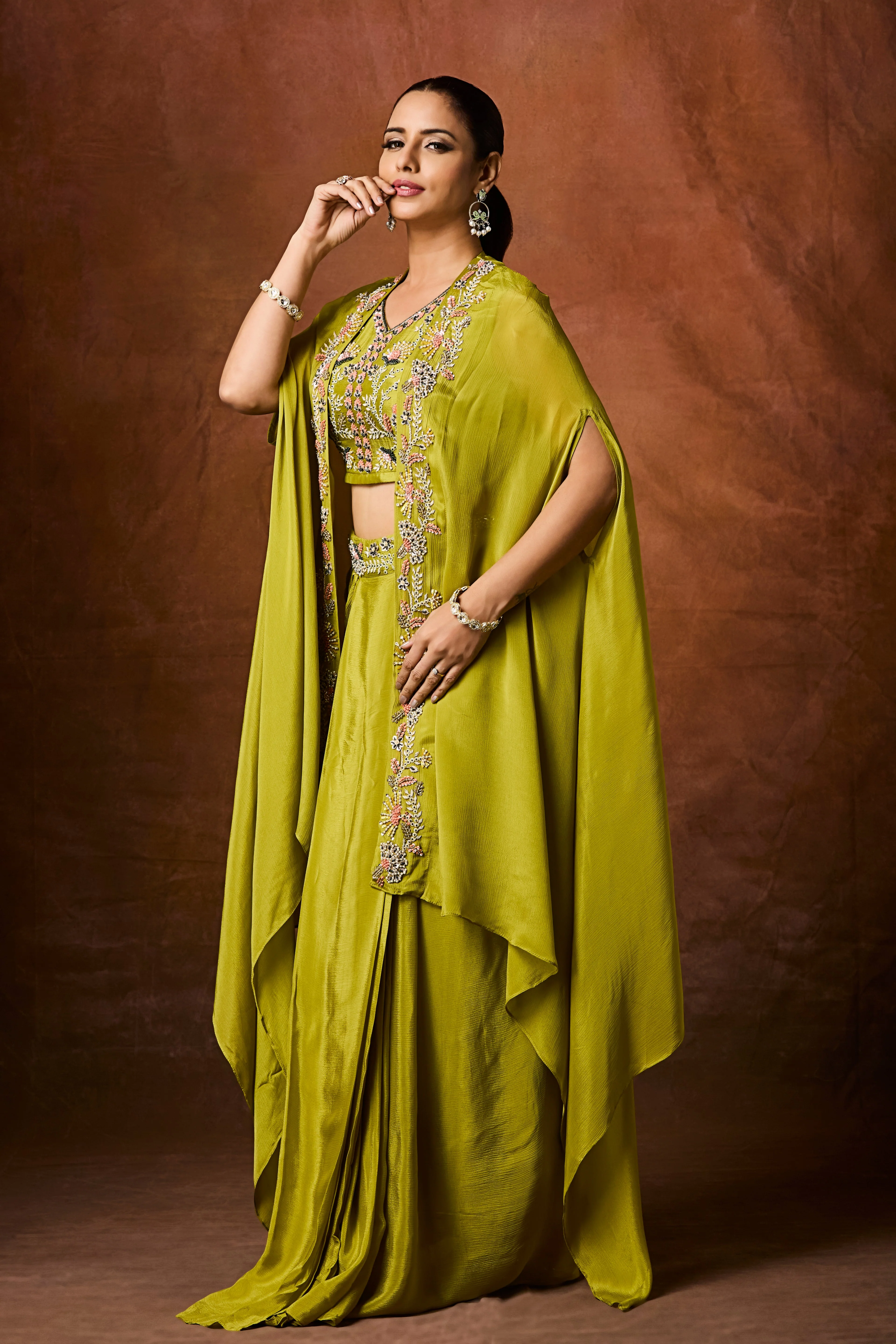 Mehandi Green Embellished Chinon Silk Cape Set - Image 3