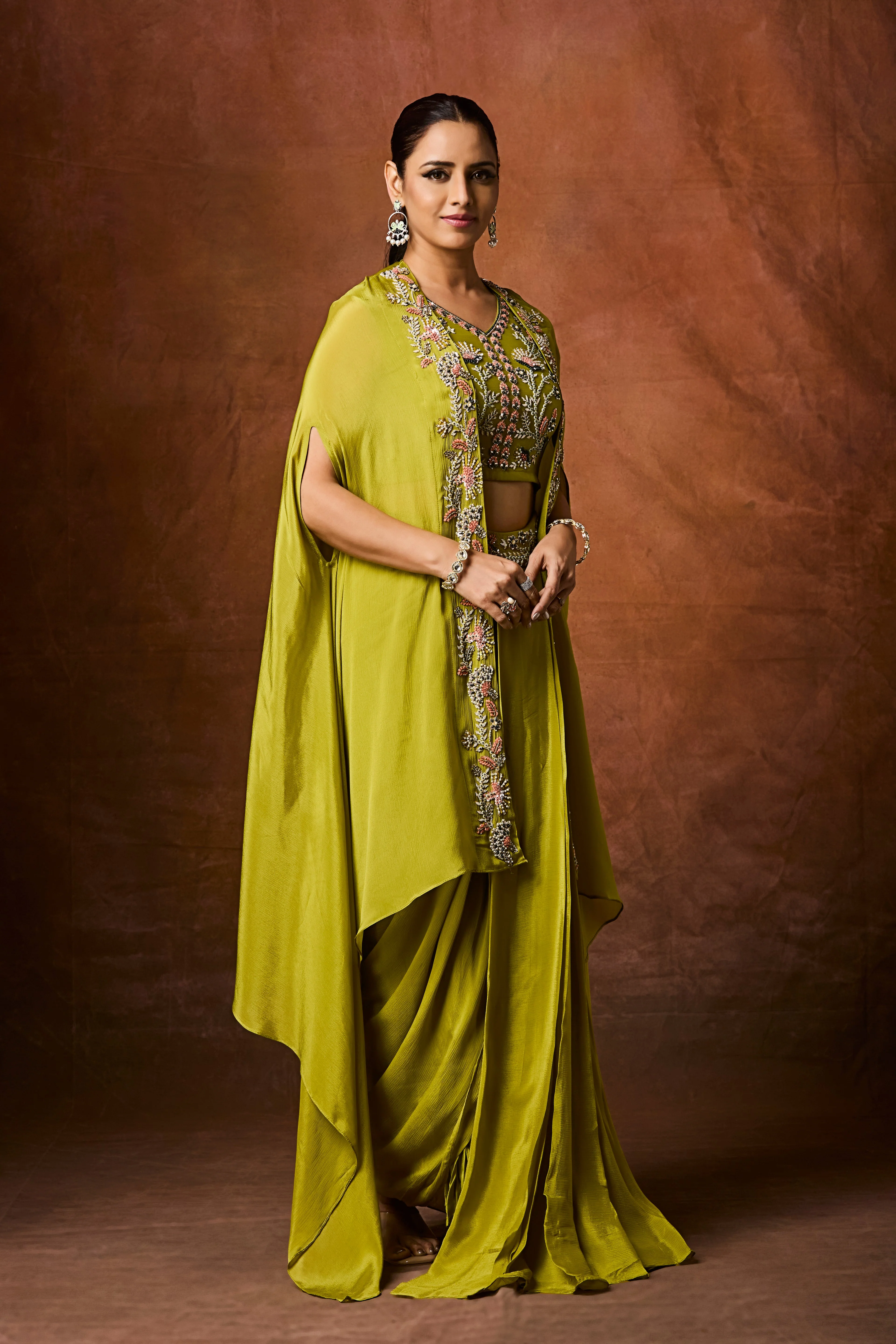 Mehandi Green Embellished Chinon Silk Cape Set - Image 4