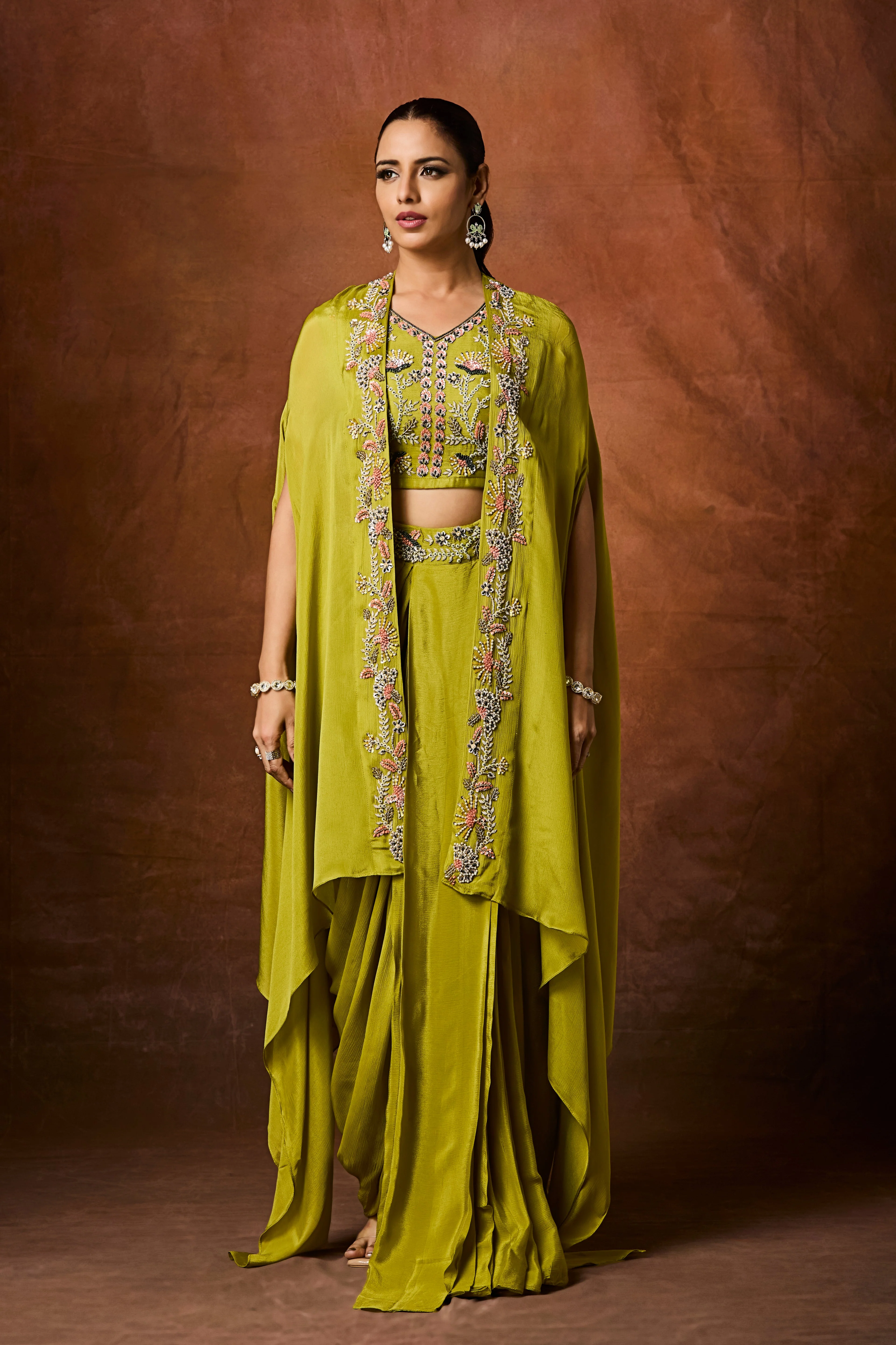 Mehandi Green Embellished Chinon Silk Cape Set - Image 5