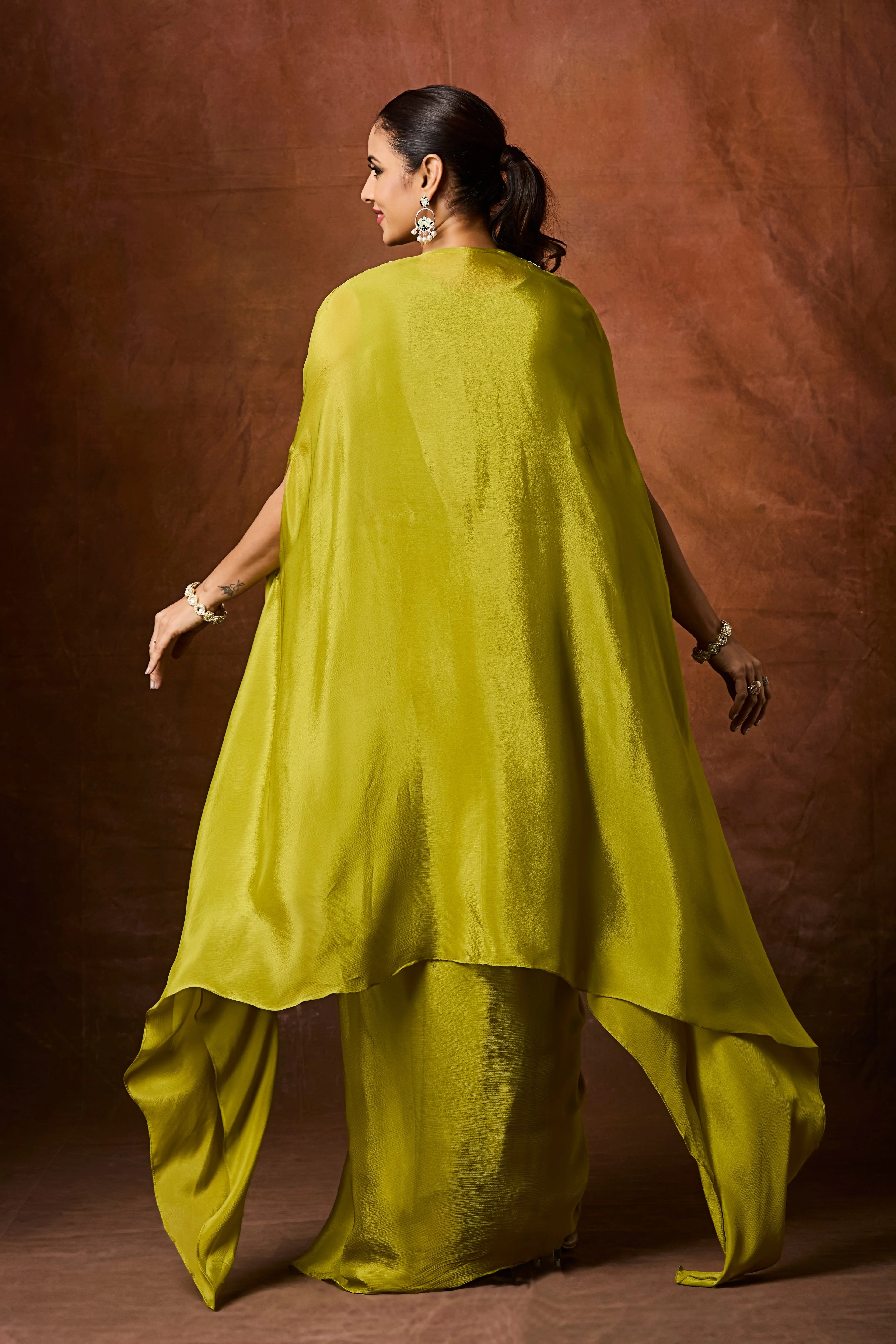 Mehandi Green Embellished Chinon Silk Cape Set - Image 6