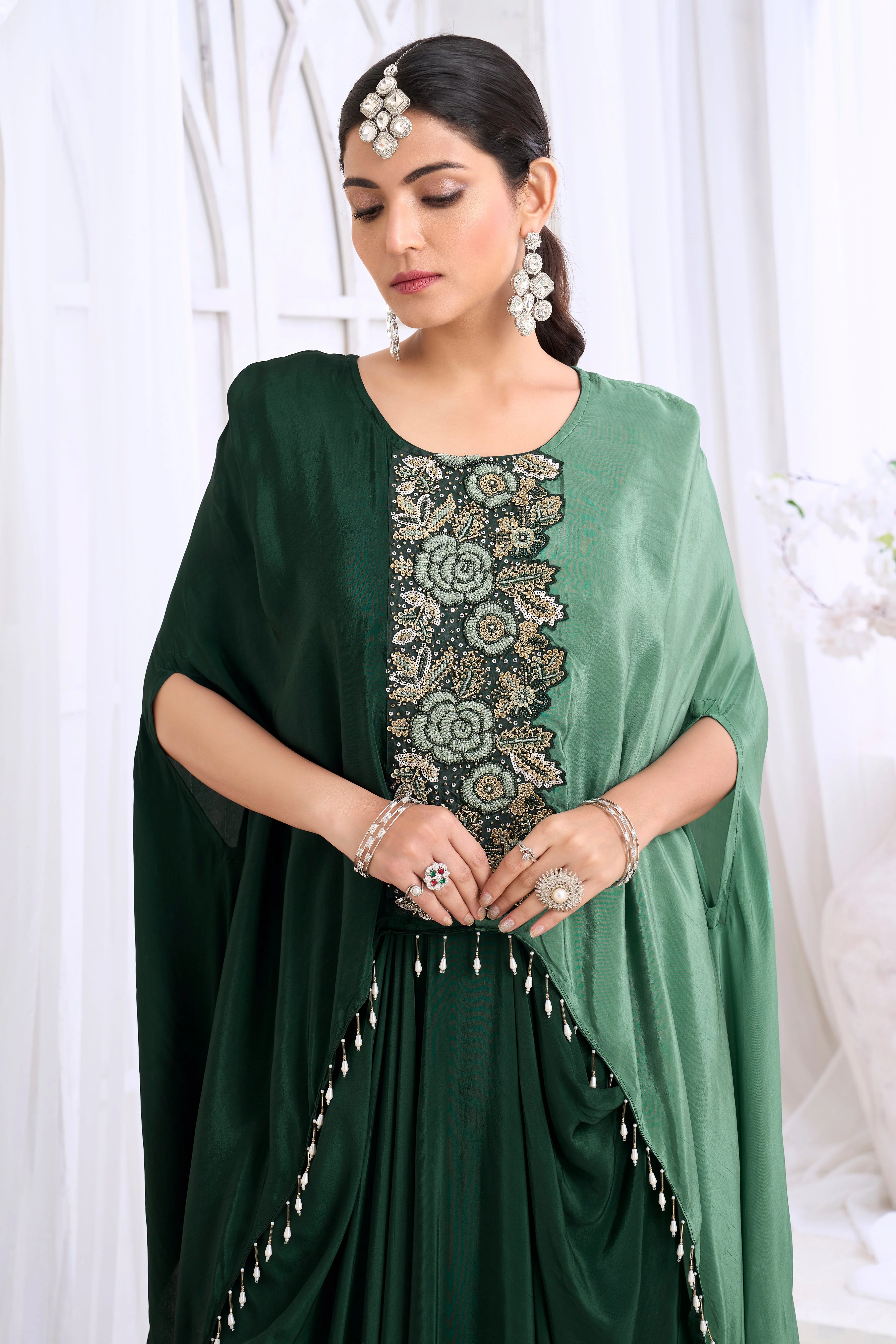 Forest Green Embellished Crepe Silk Kaftan Set - Image 2