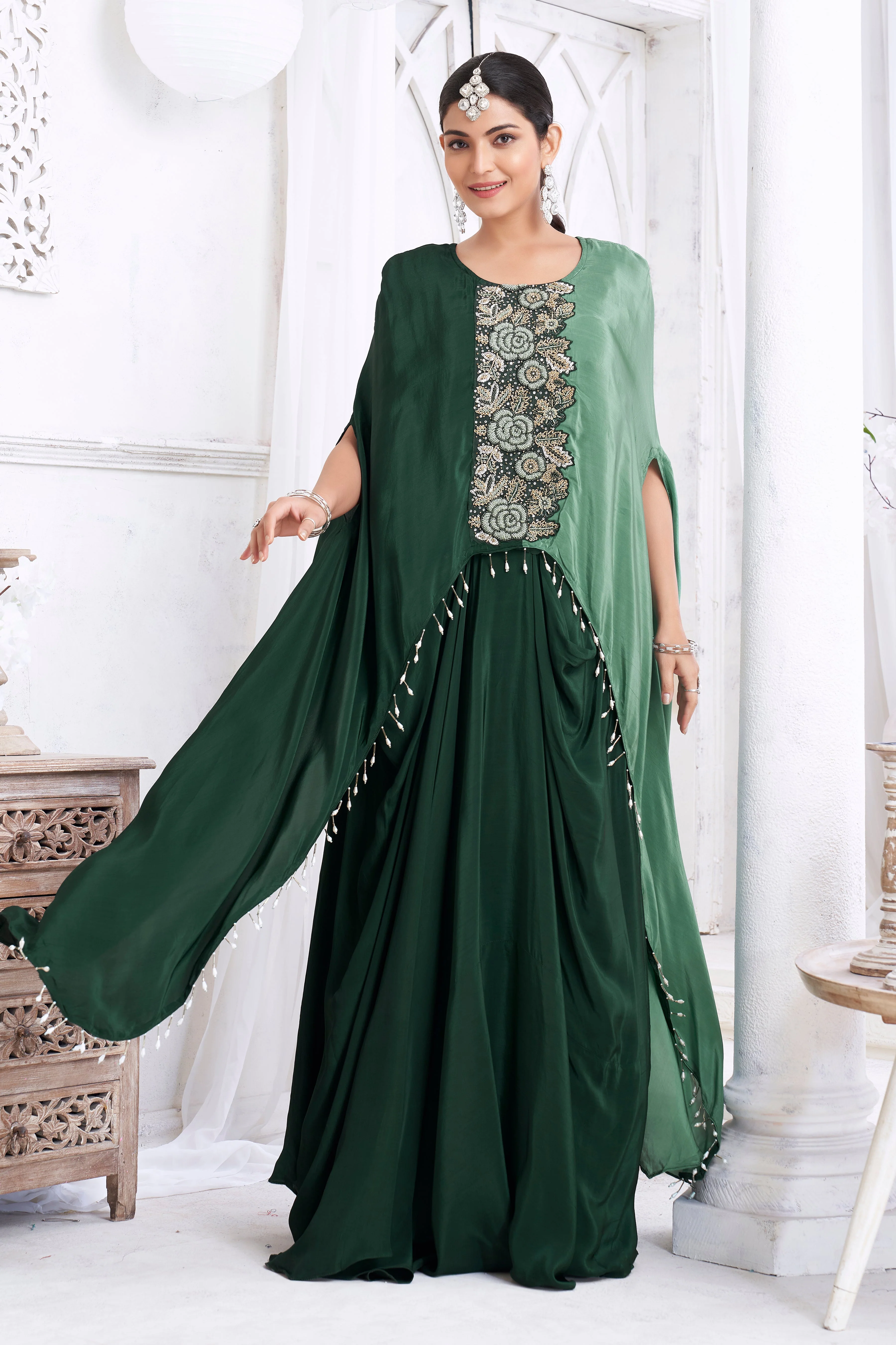 Forest Green Embellished Crepe Silk Kaftan Set - Image 3