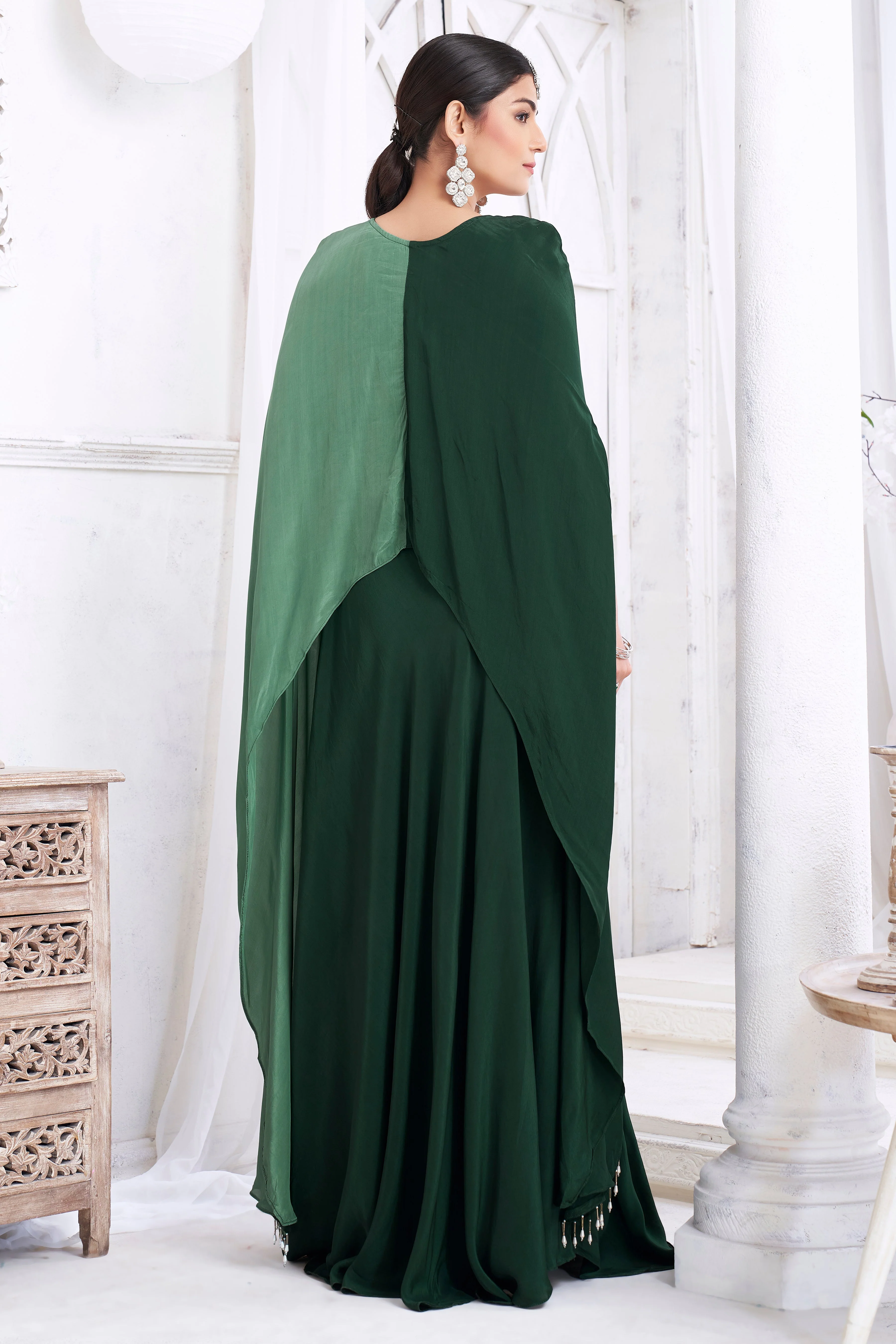 Forest Green Embellished Crepe Silk Kaftan Set - Image 4