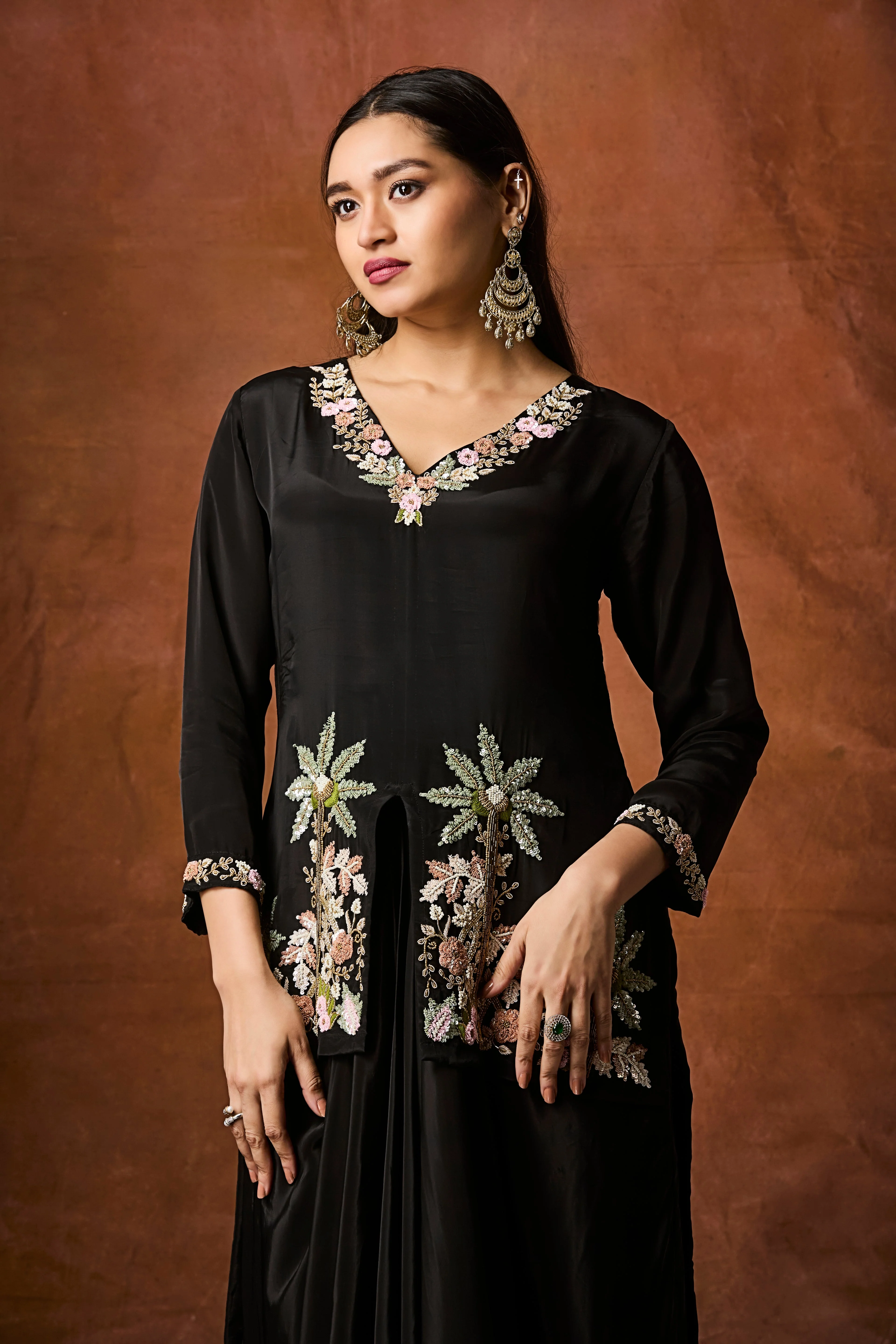 Rich Black Embellished Crepe Silk Skirt Set - Image 2