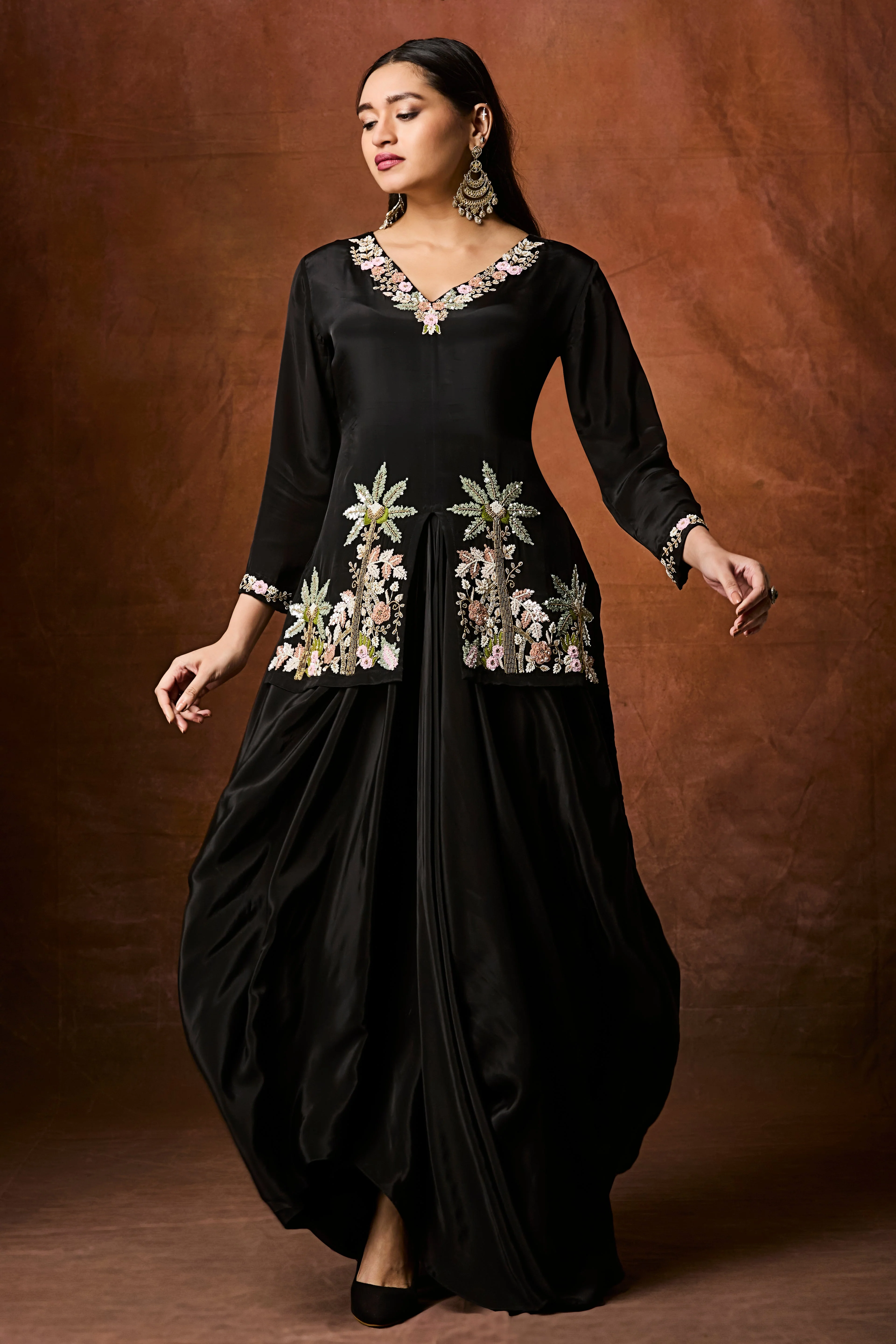 Rich Black Embellished Crepe Silk Skirt Set - Image 3