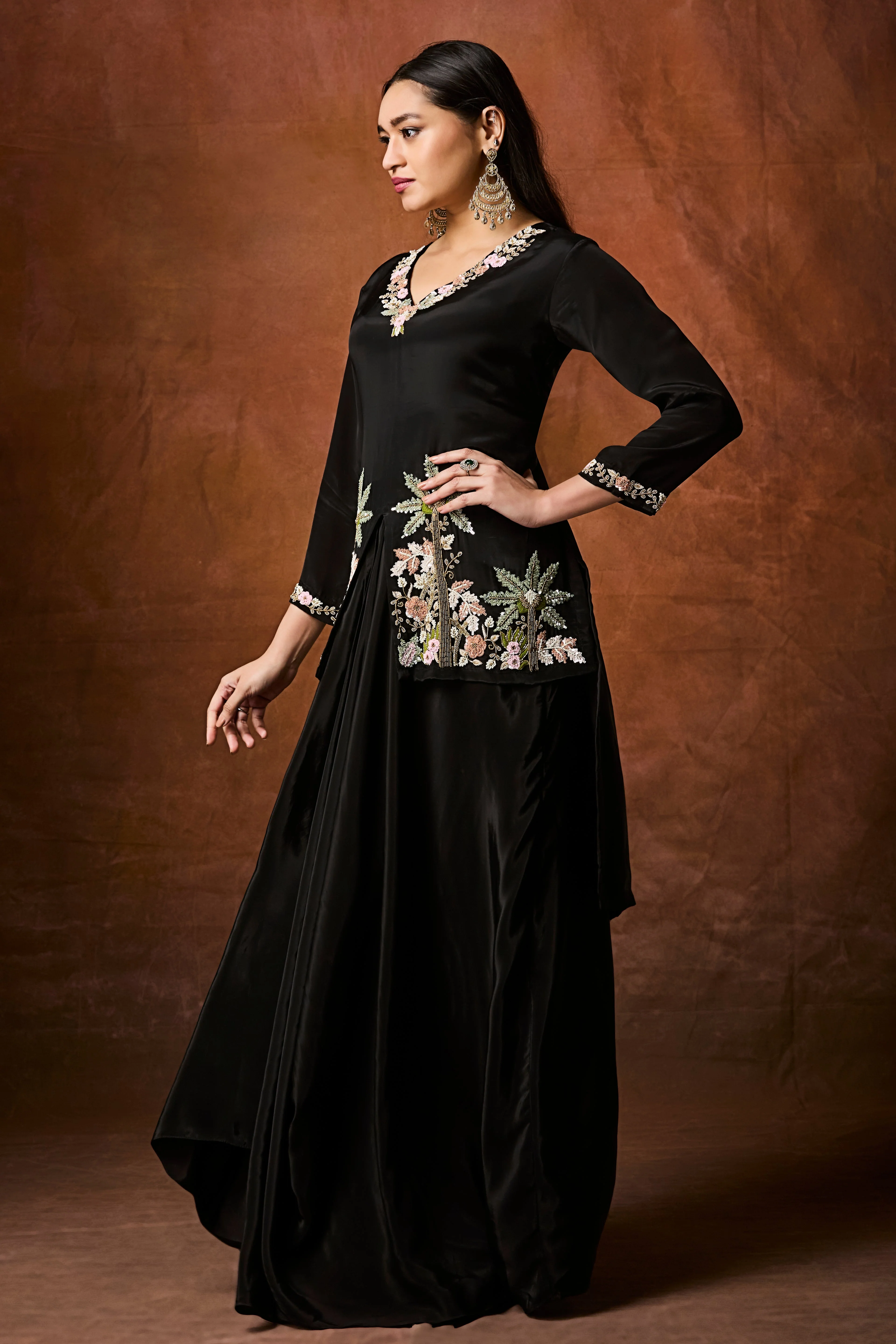 Rich Black Embellished Crepe Silk Skirt Set - Image 4
