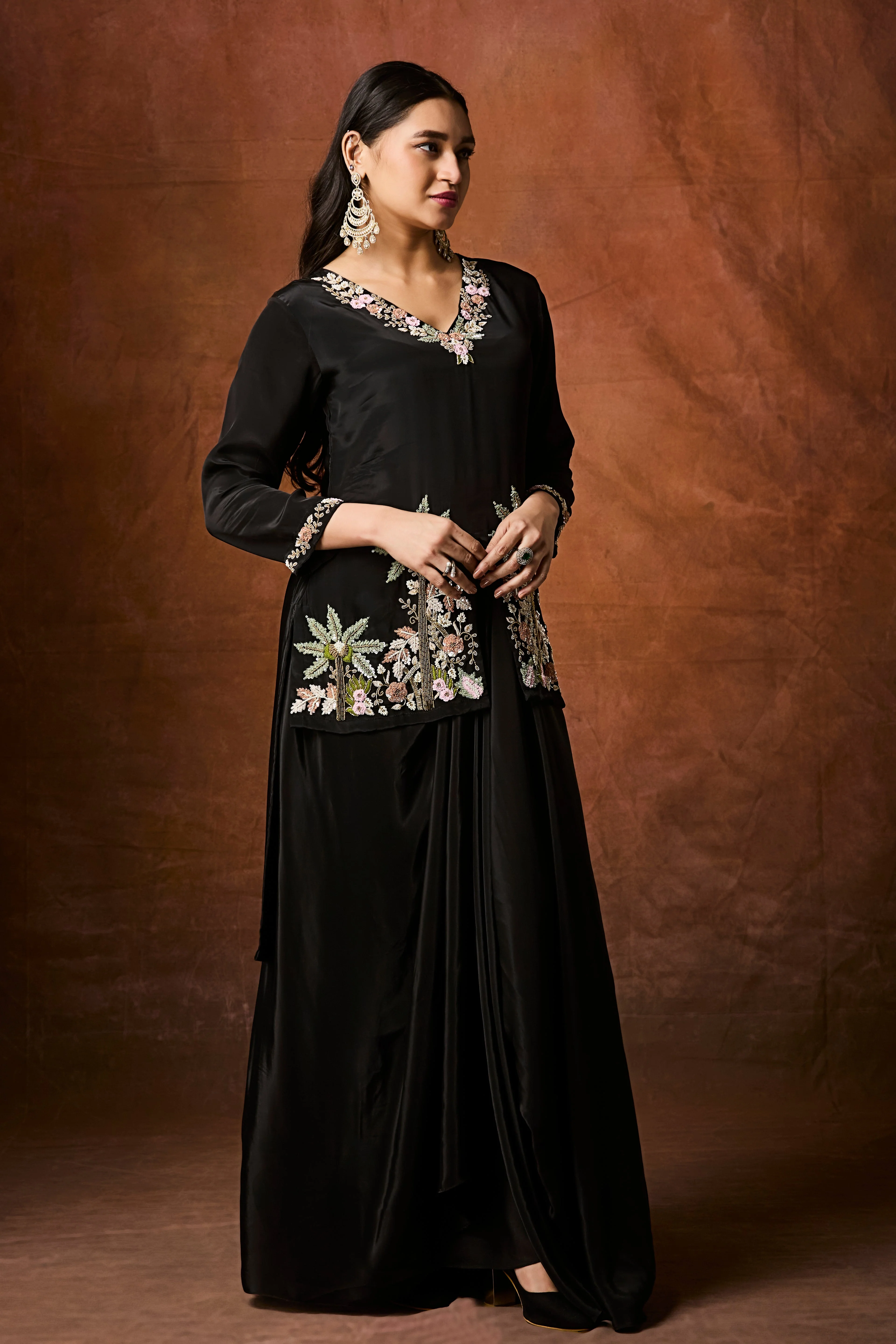 Rich Black Embellished Crepe Silk Skirt Set - Image 5