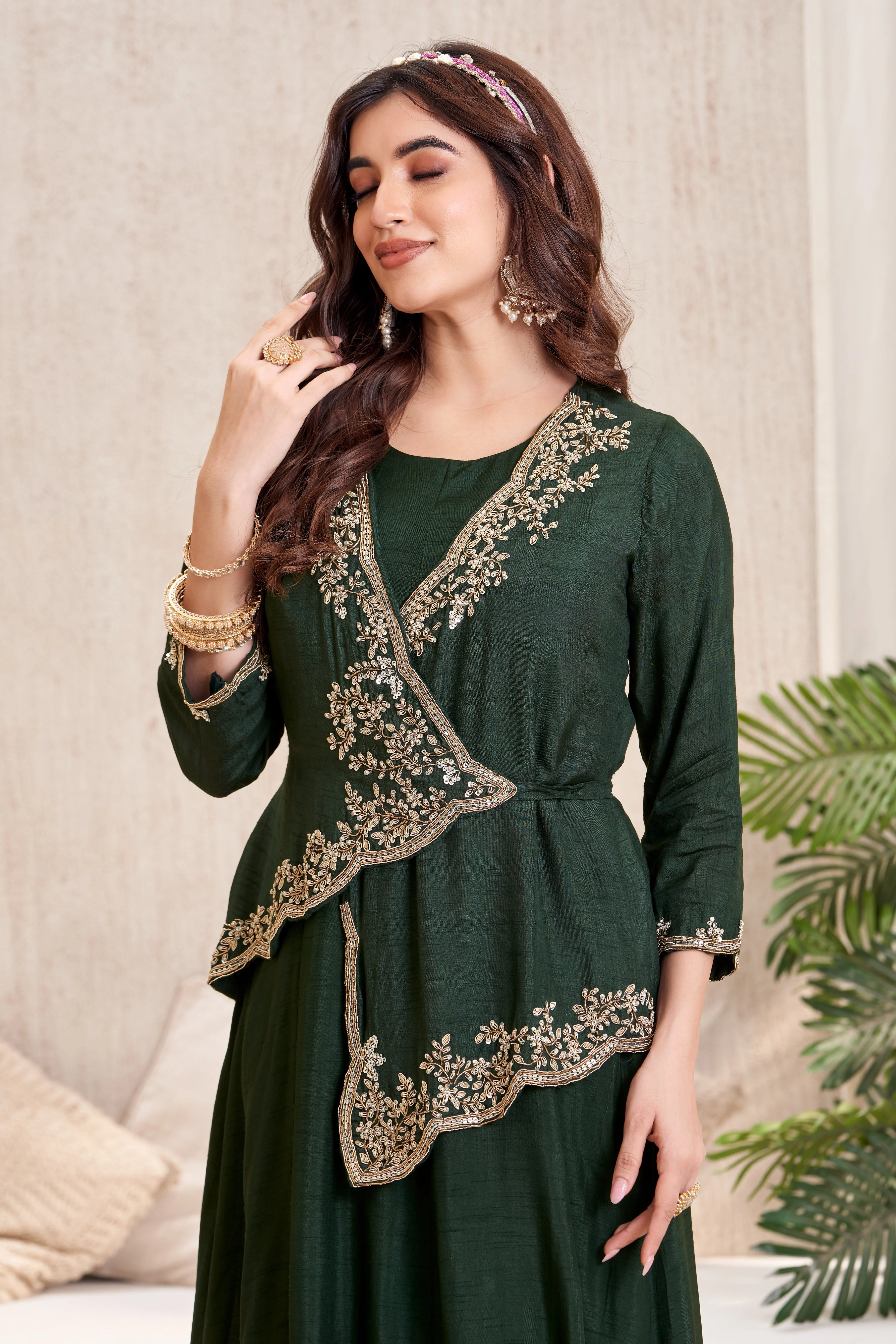 Forest Green Embellished Raw Silk Gown - Image 2