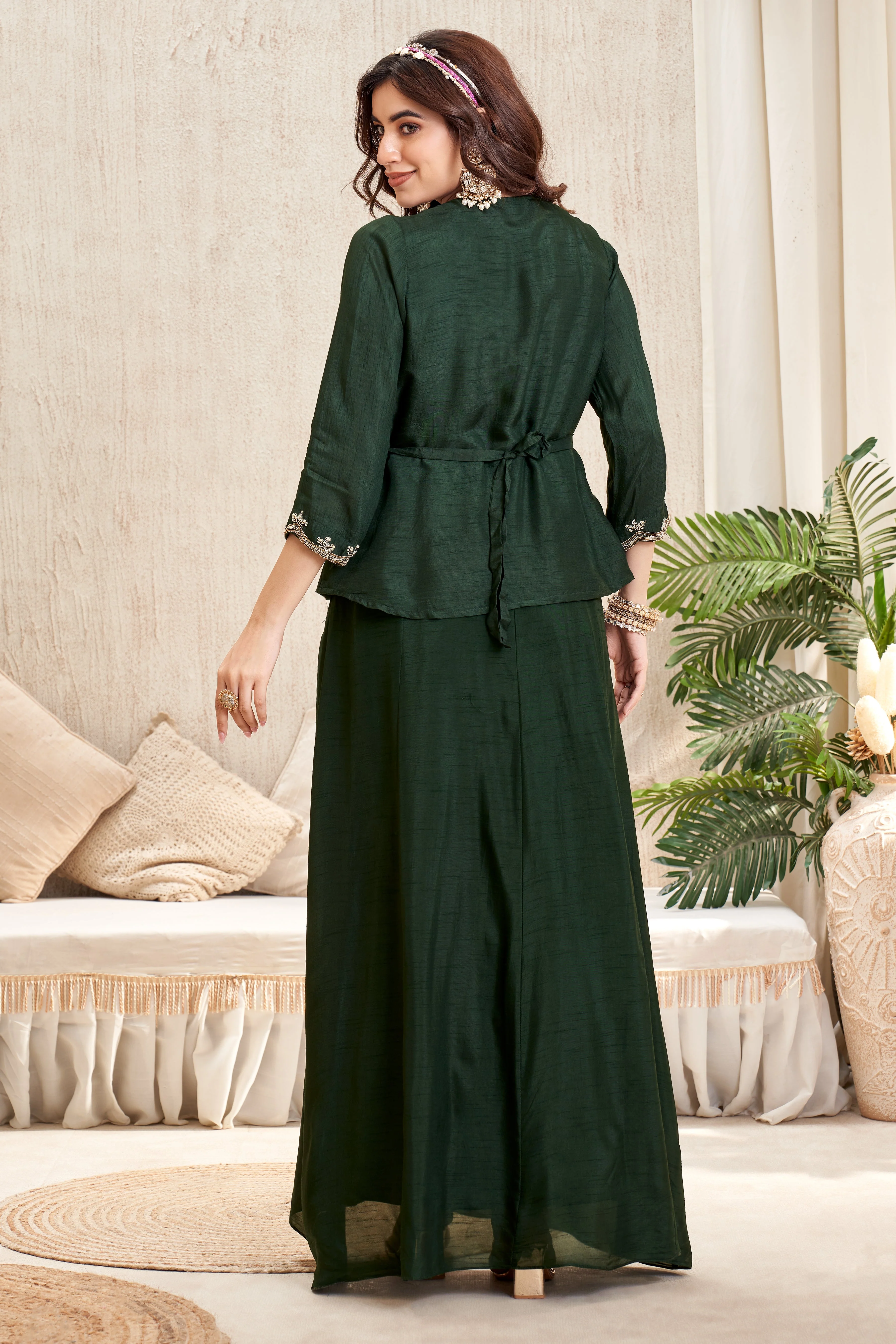 Forest Green Embellished Raw Silk Gown - Image 3