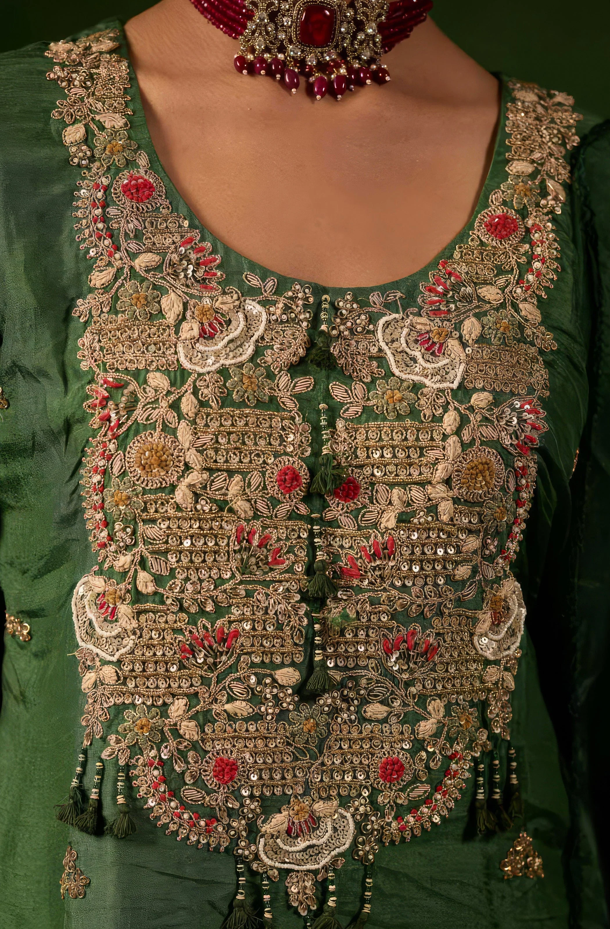 Forest Green Embellished Raw Silk Palazzo Set - Image 2