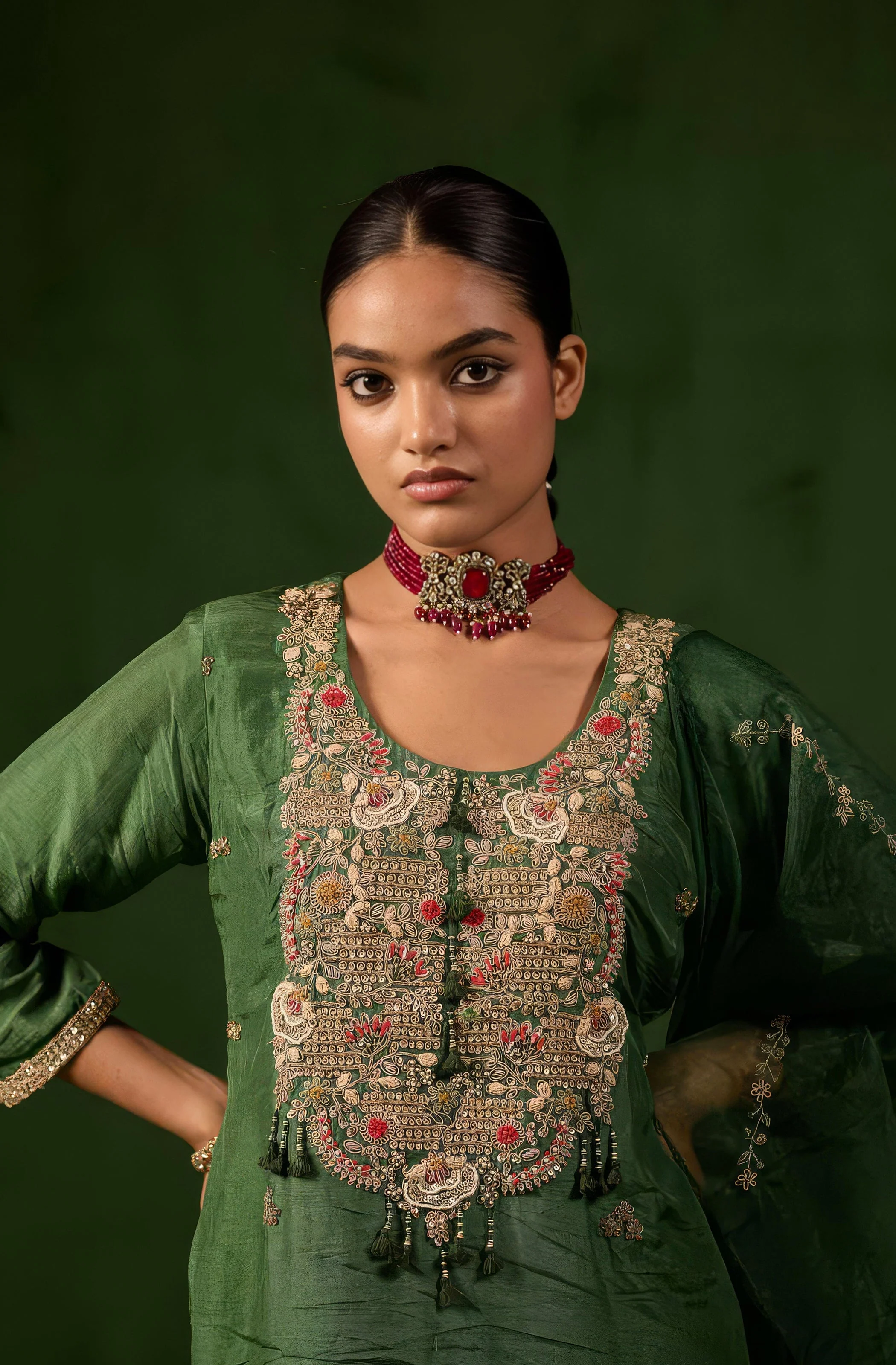Forest Green Embellished Raw Silk Palazzo Set - Image 3