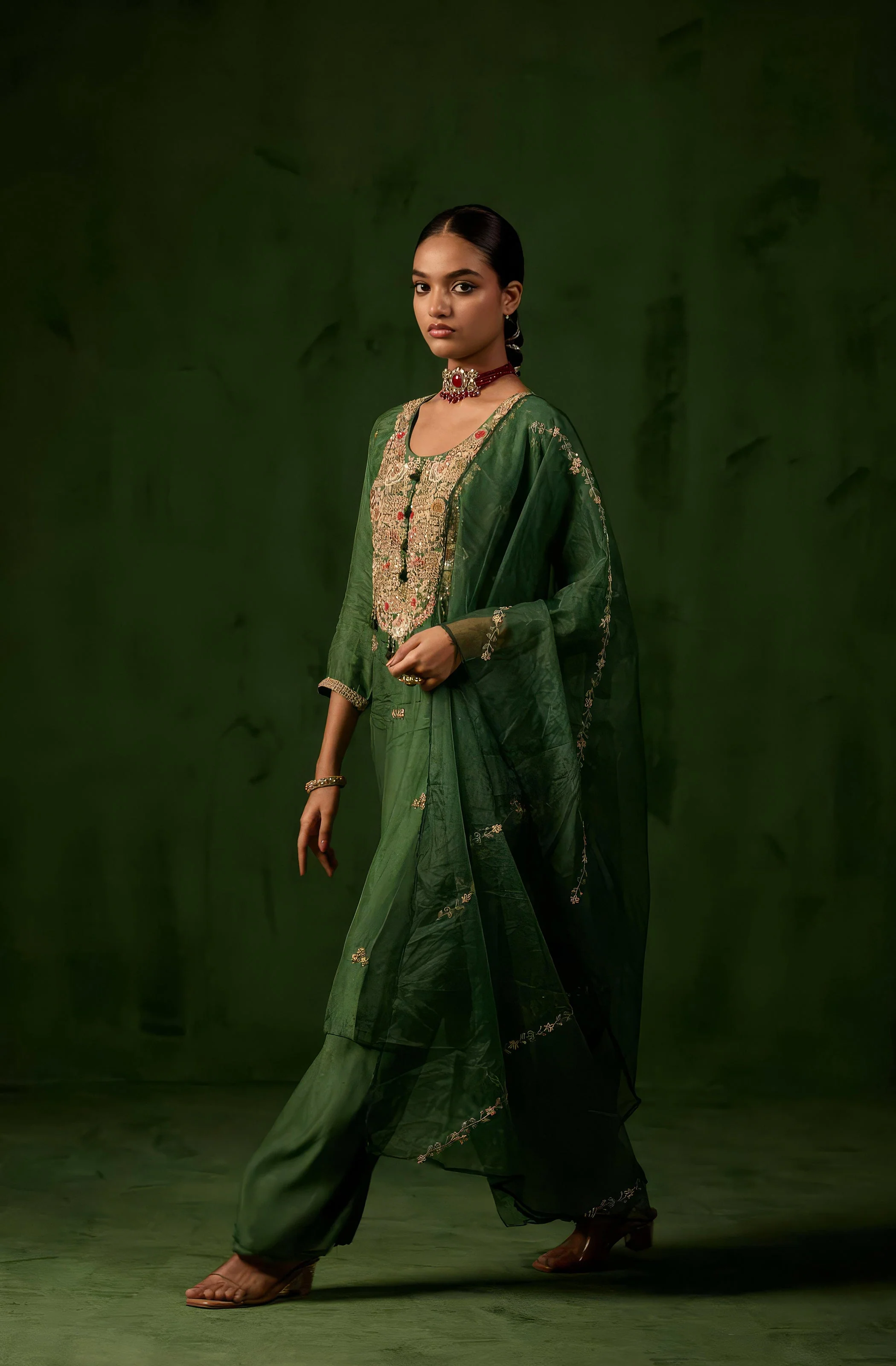 Forest Green Embellished Raw Silk Palazzo Set - Image 4