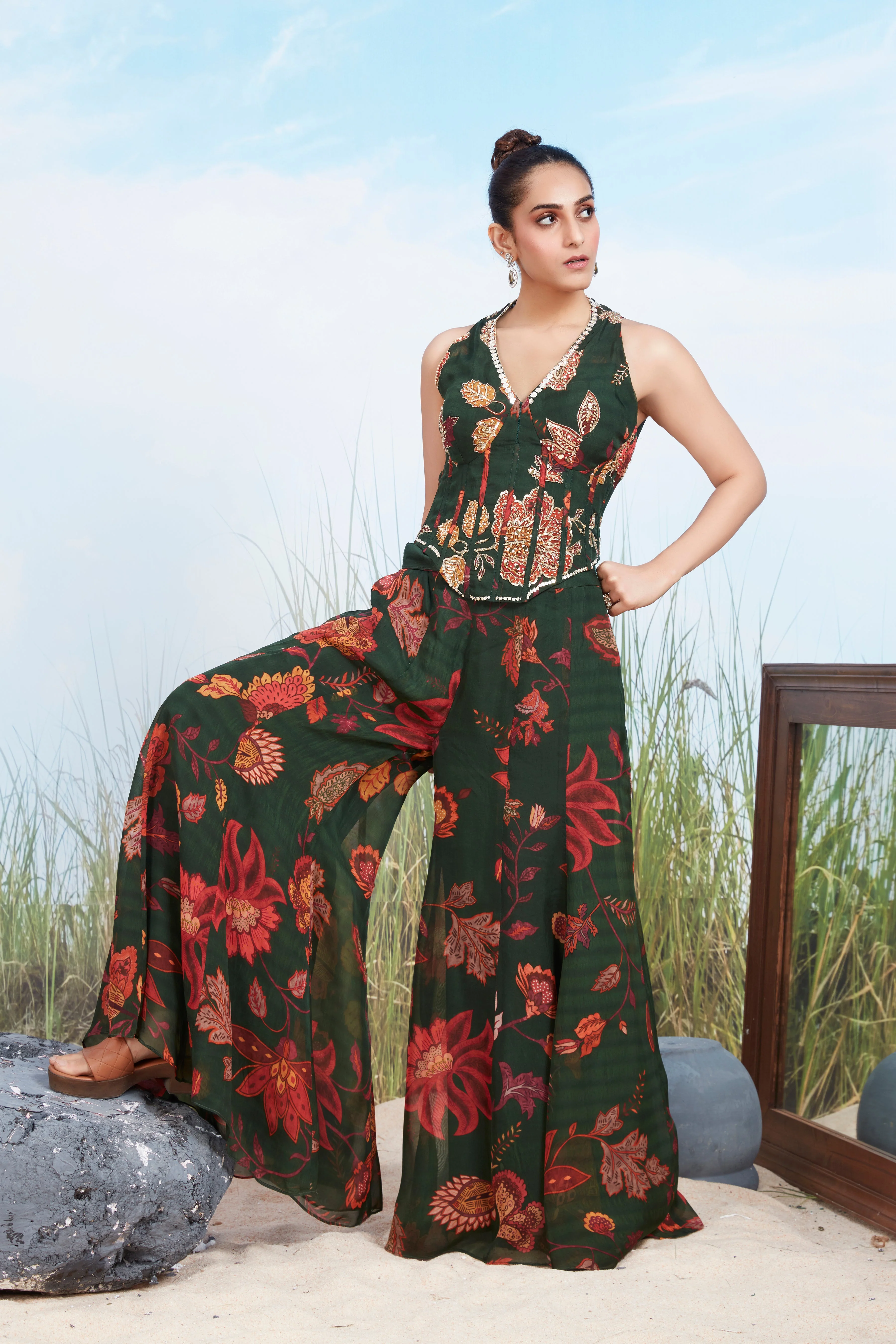 Forest Green Printed Georgette Silk Palazzo Set - Image 2