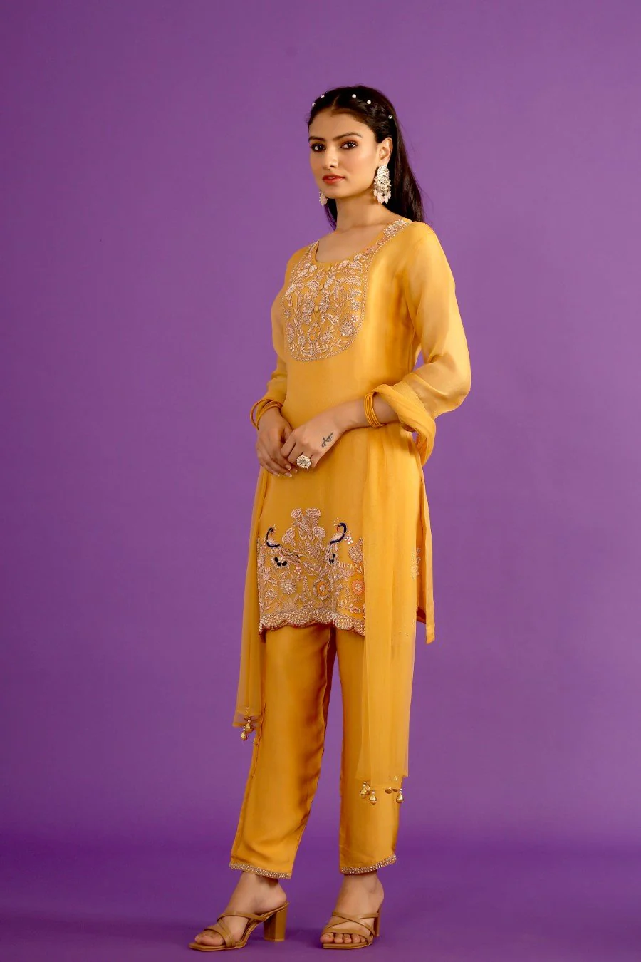 Fresh Yellow Organza Silk Embroidered Kurta Set - Image 3