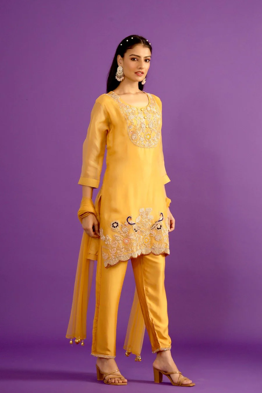 Fresh Yellow Organza Silk Embroidered Kurta Set - Image 6