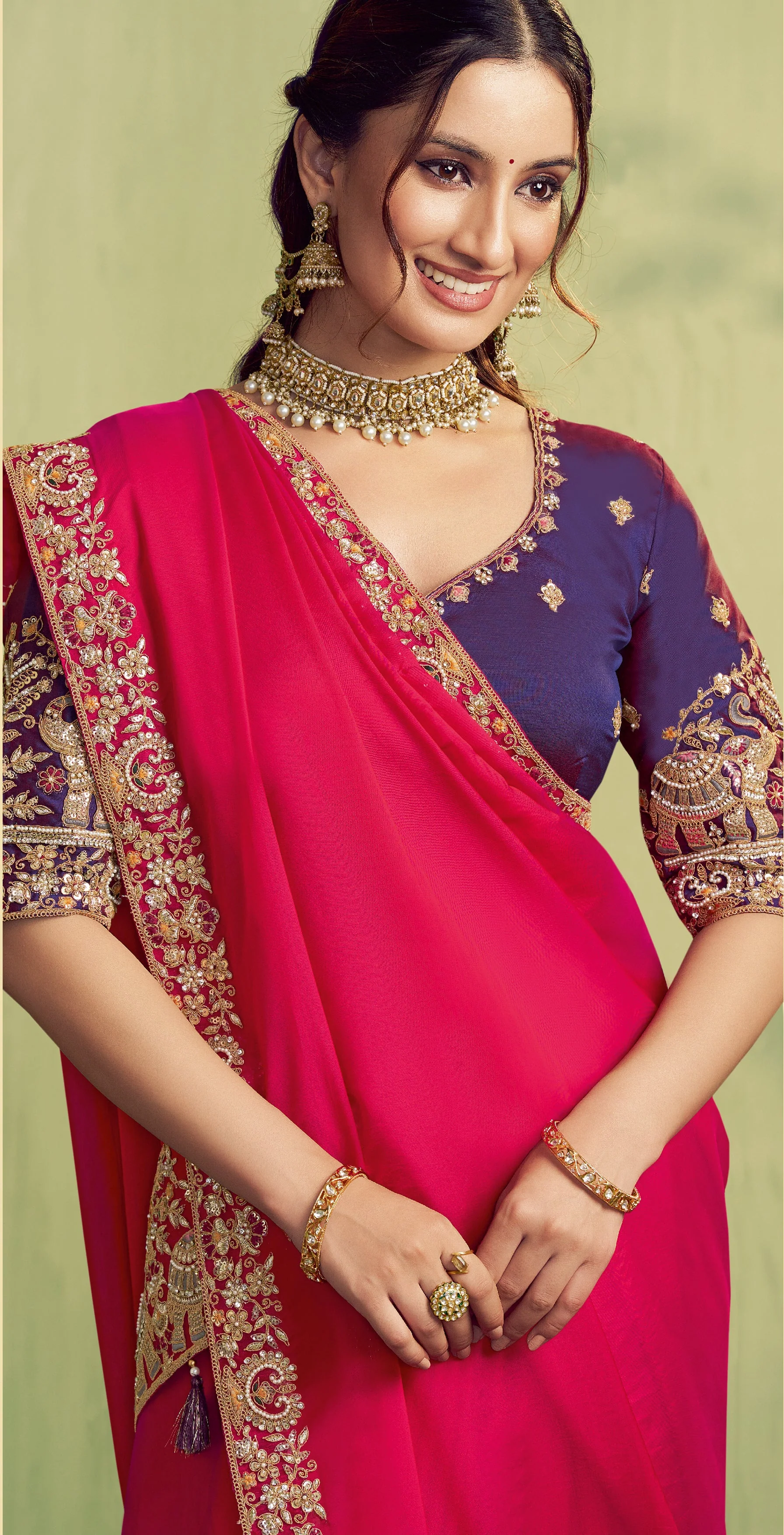 Fuchsia Embroidered Satin Silk Saree - Image 2