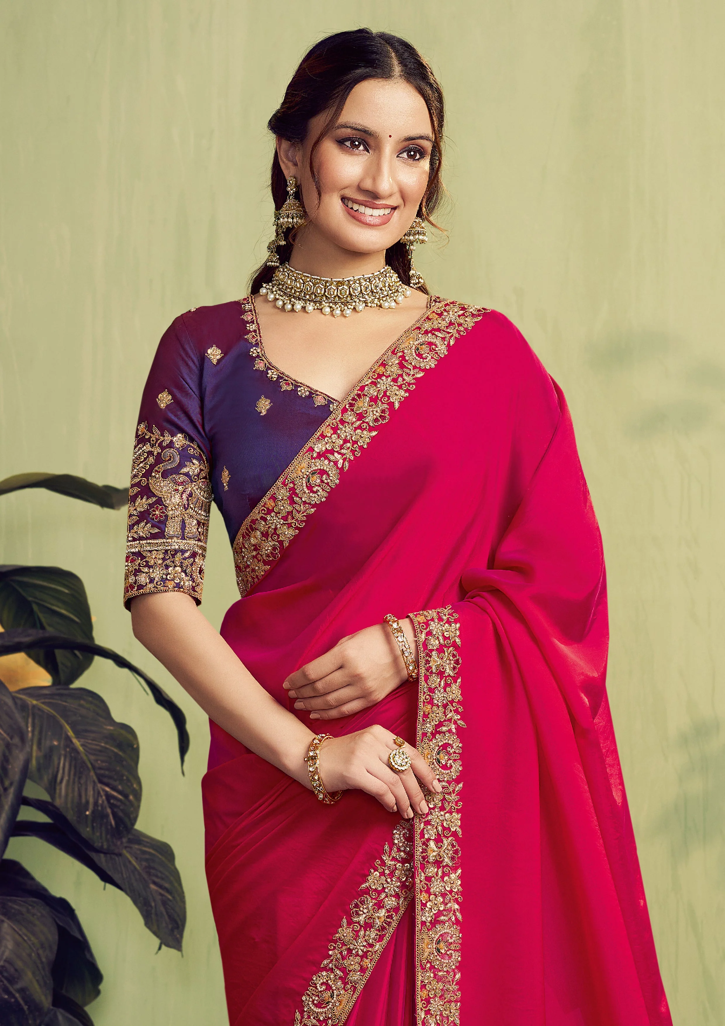 Fuchsia Embroidered Satin Silk Saree - Image 3
