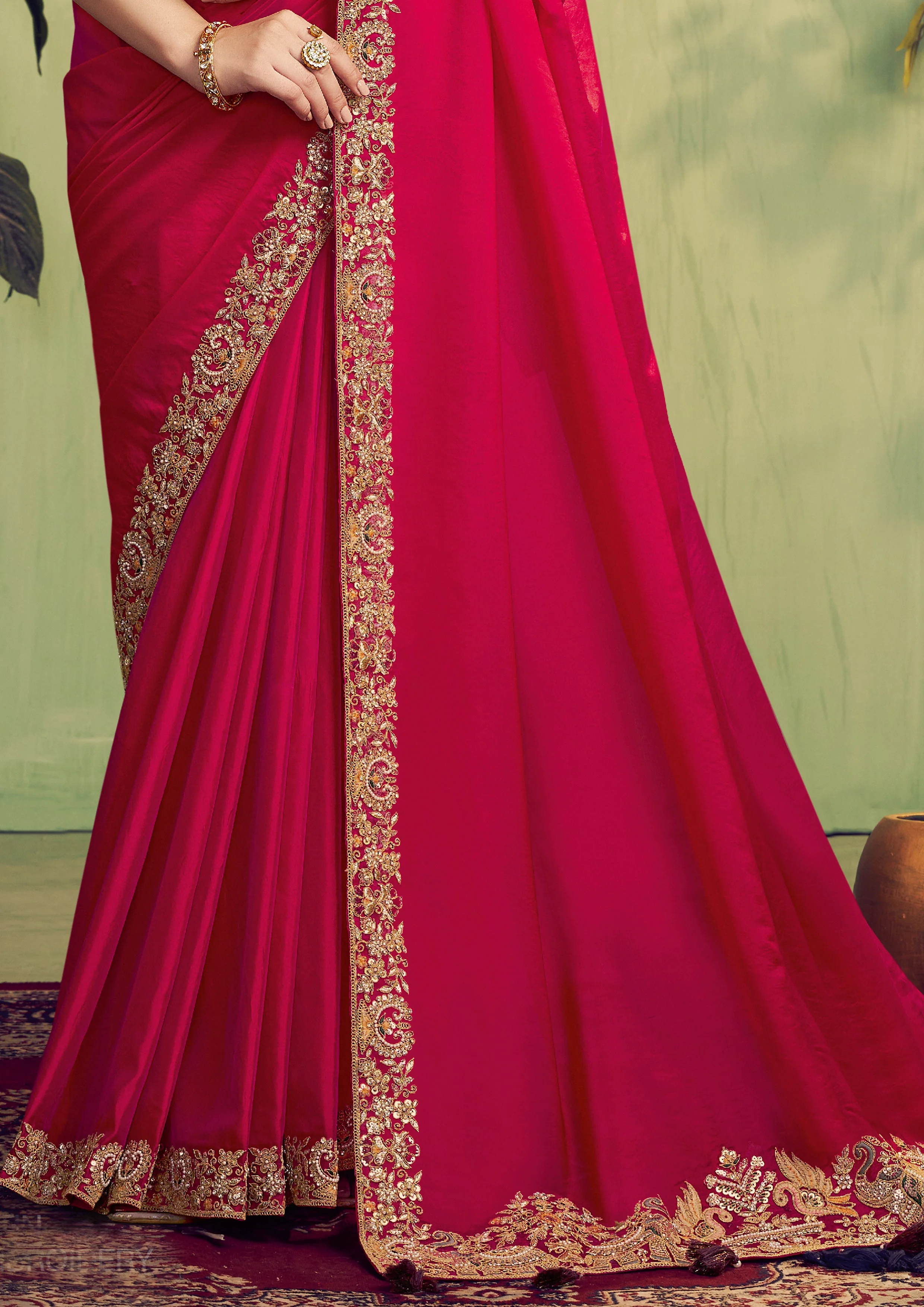 Fuchsia Embroidered Satin Silk Saree - Image 4