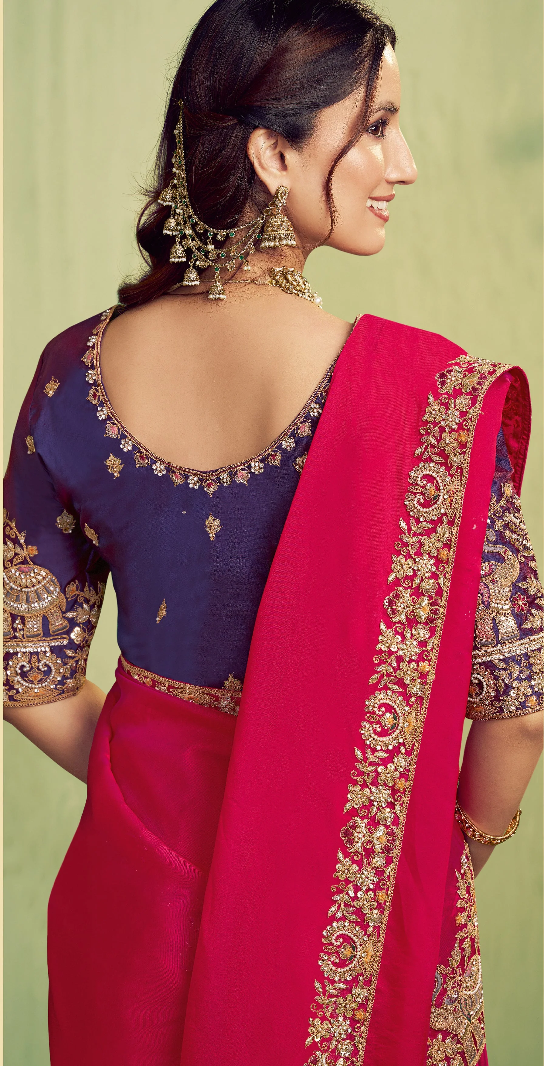 Fuchsia Embroidered Satin Silk Saree - Image 5