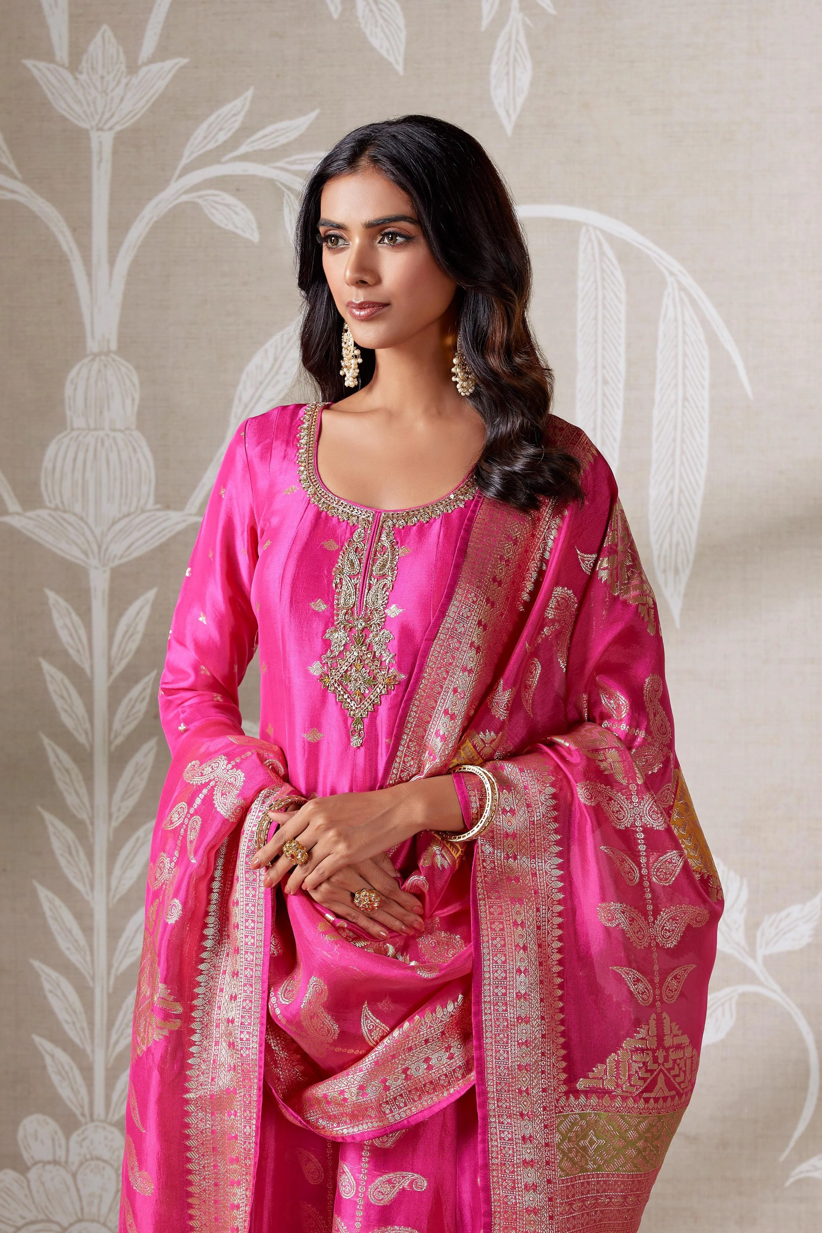 Fuchsia Pink Embellished Brocade Anarkali Set - Image 2