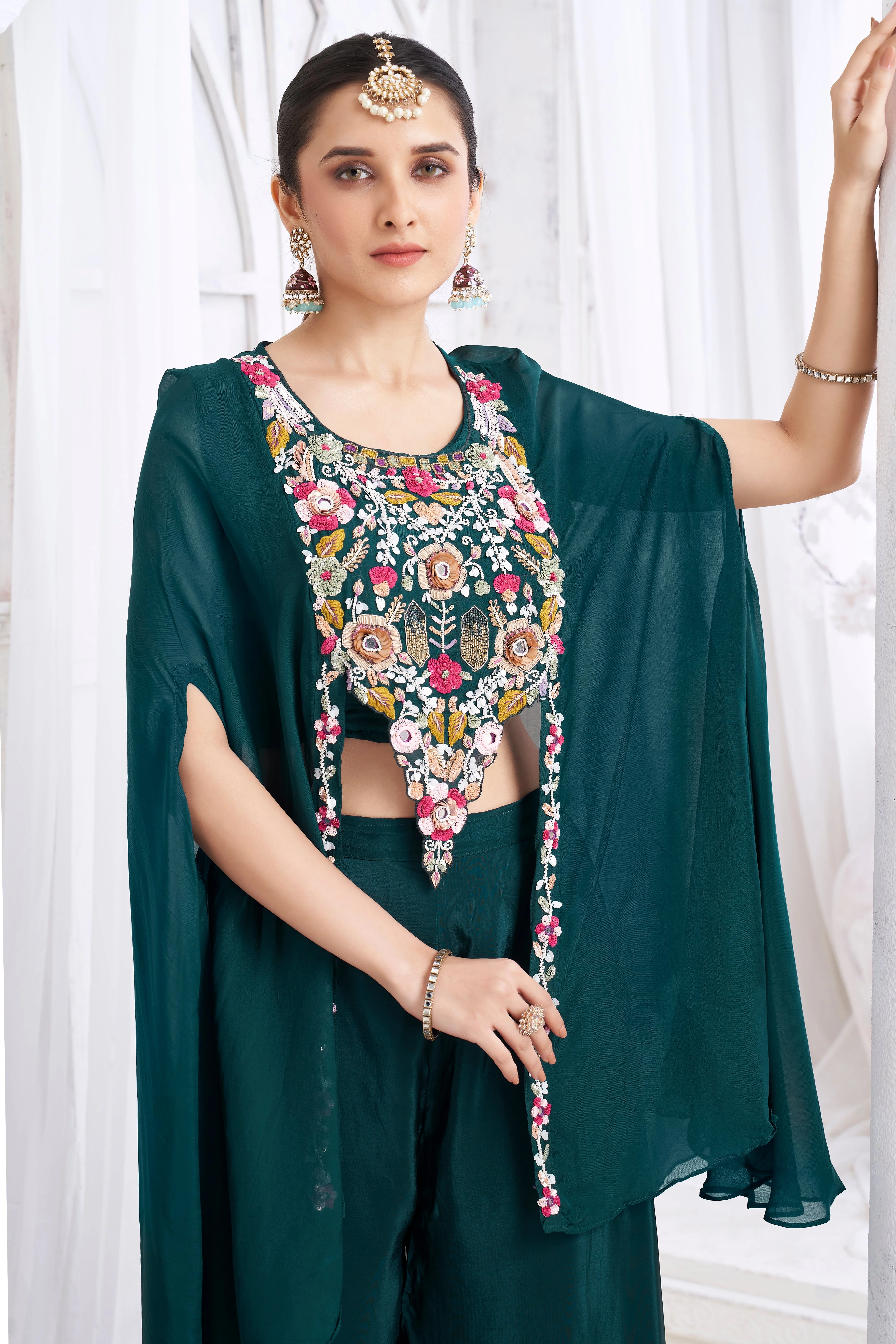 Deep Teal Embellished Crepe Silk Palazzo Set - Image 2