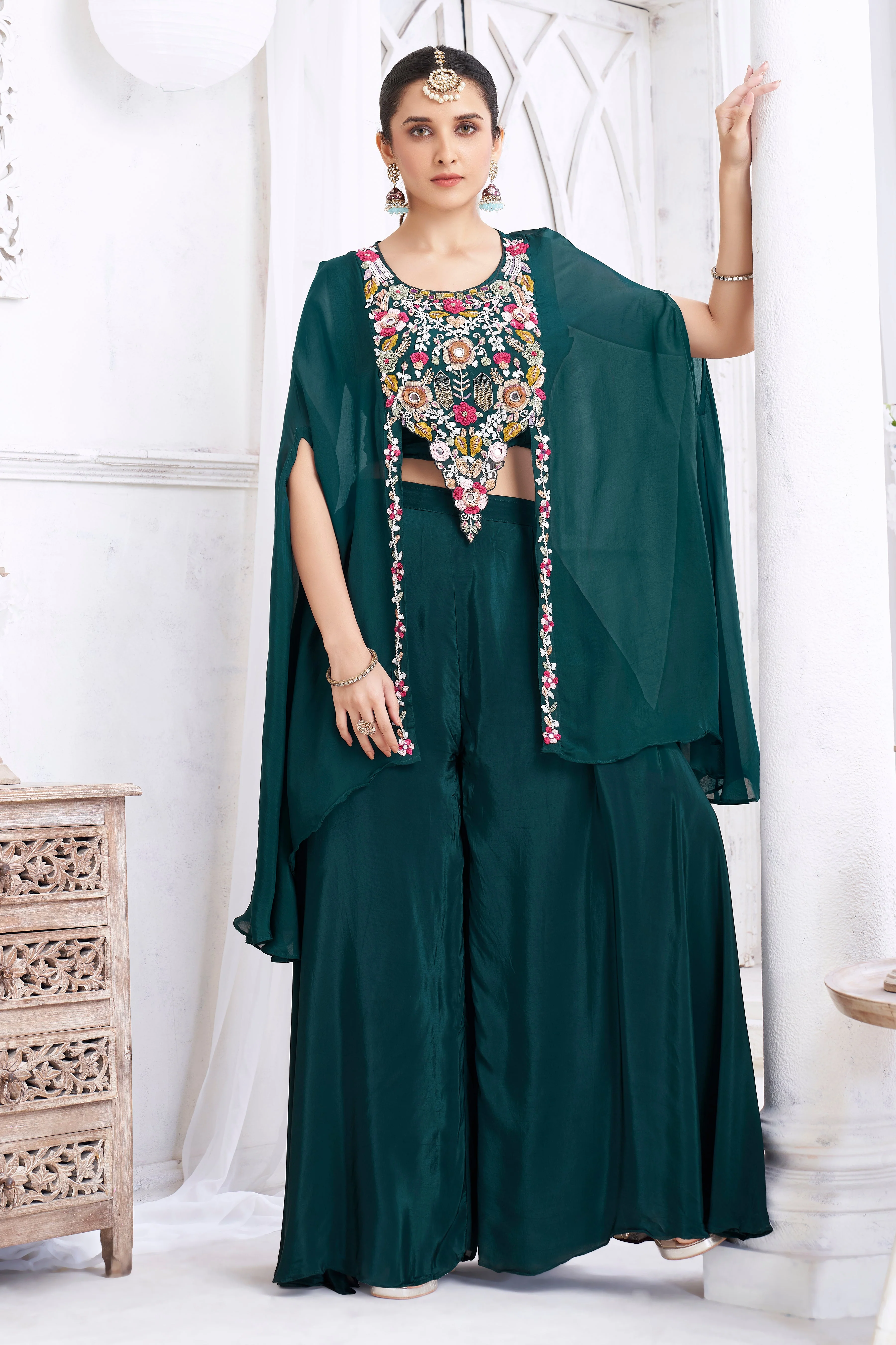 Deep Teal Embellished Crepe Silk Palazzo Set - Image 3
