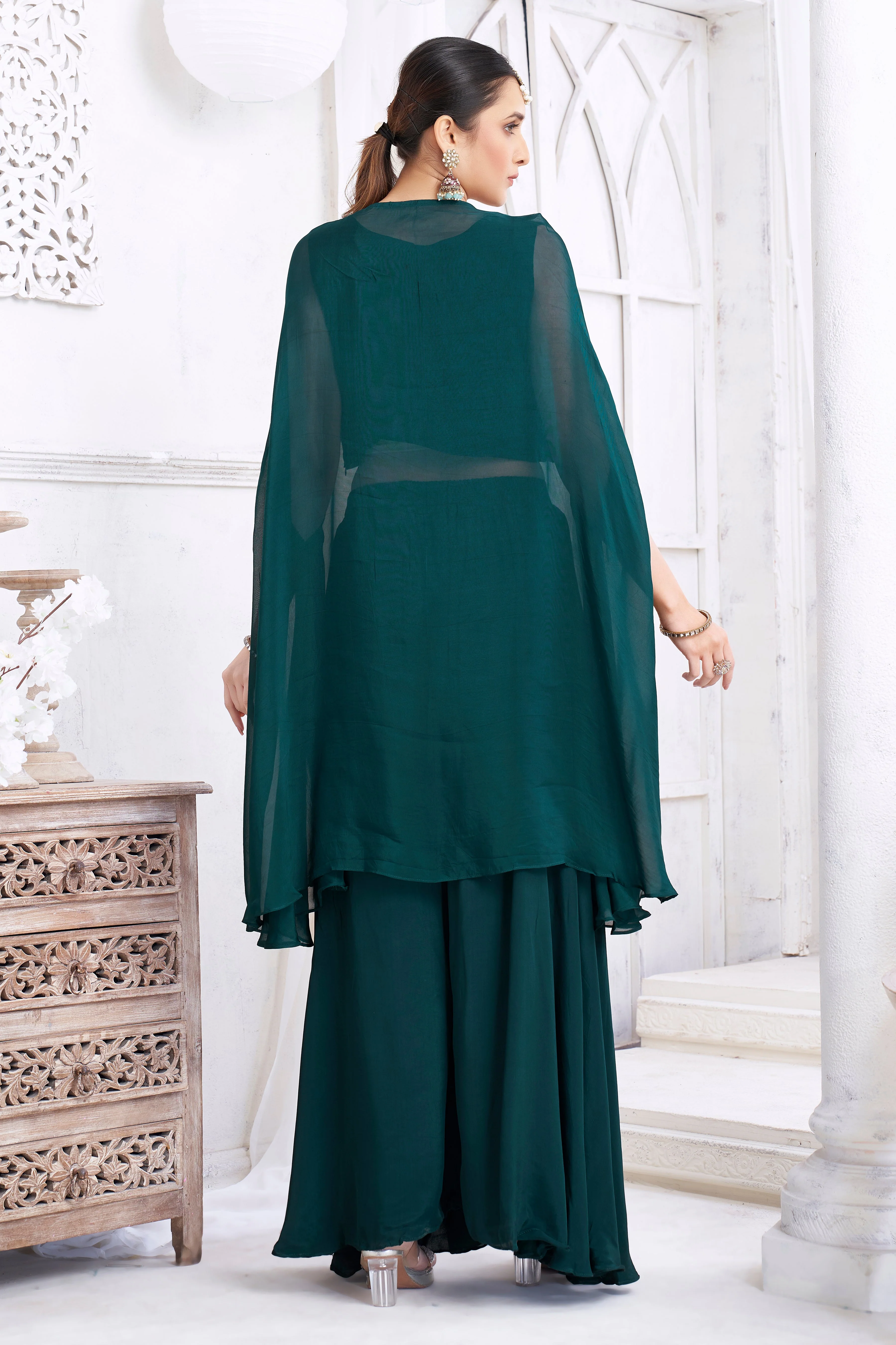 Deep Teal Embellished Crepe Silk Palazzo Set - Image 4