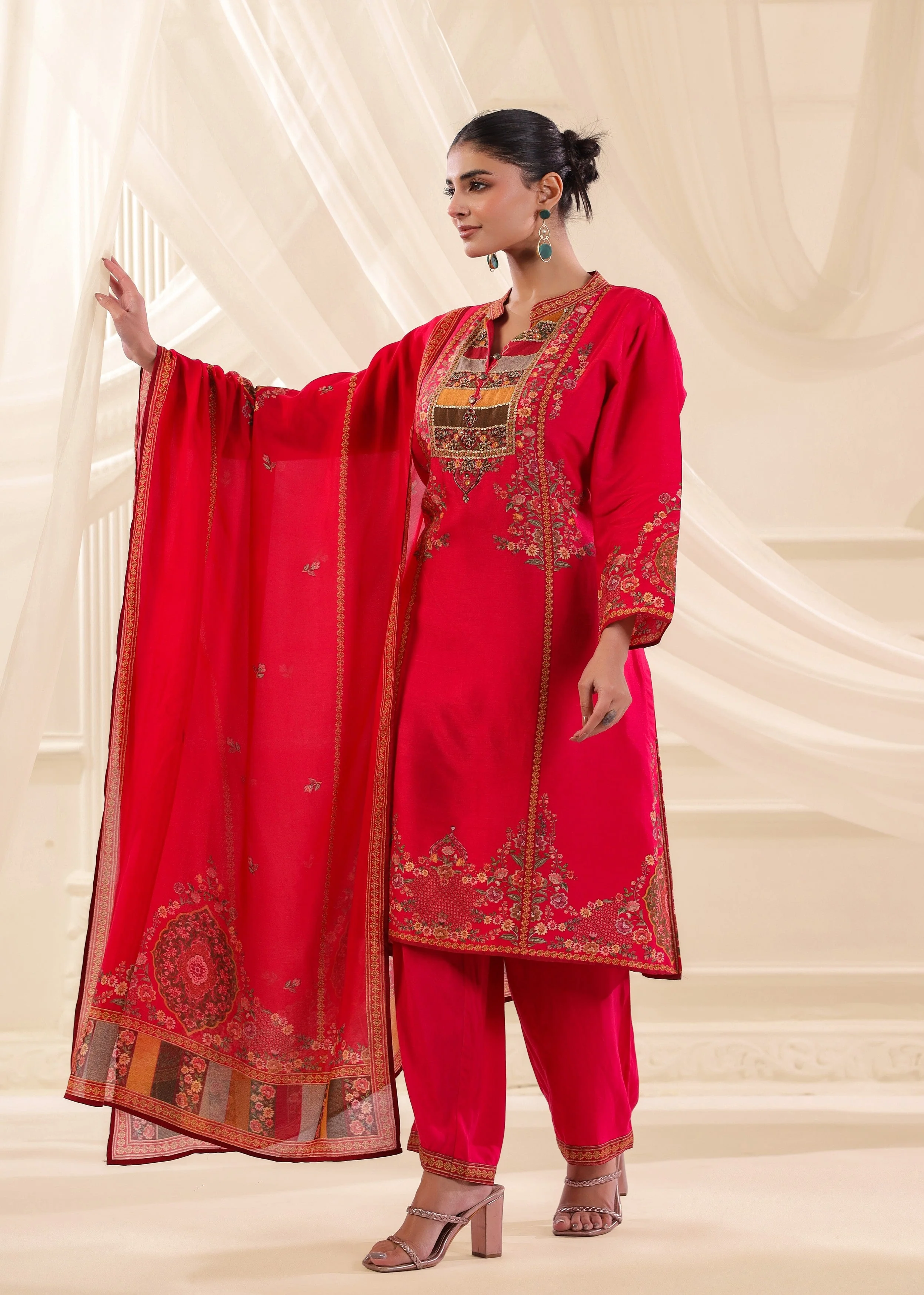 Fuchsia Pink Embellished Premium Silk Pant Set - Image 3
