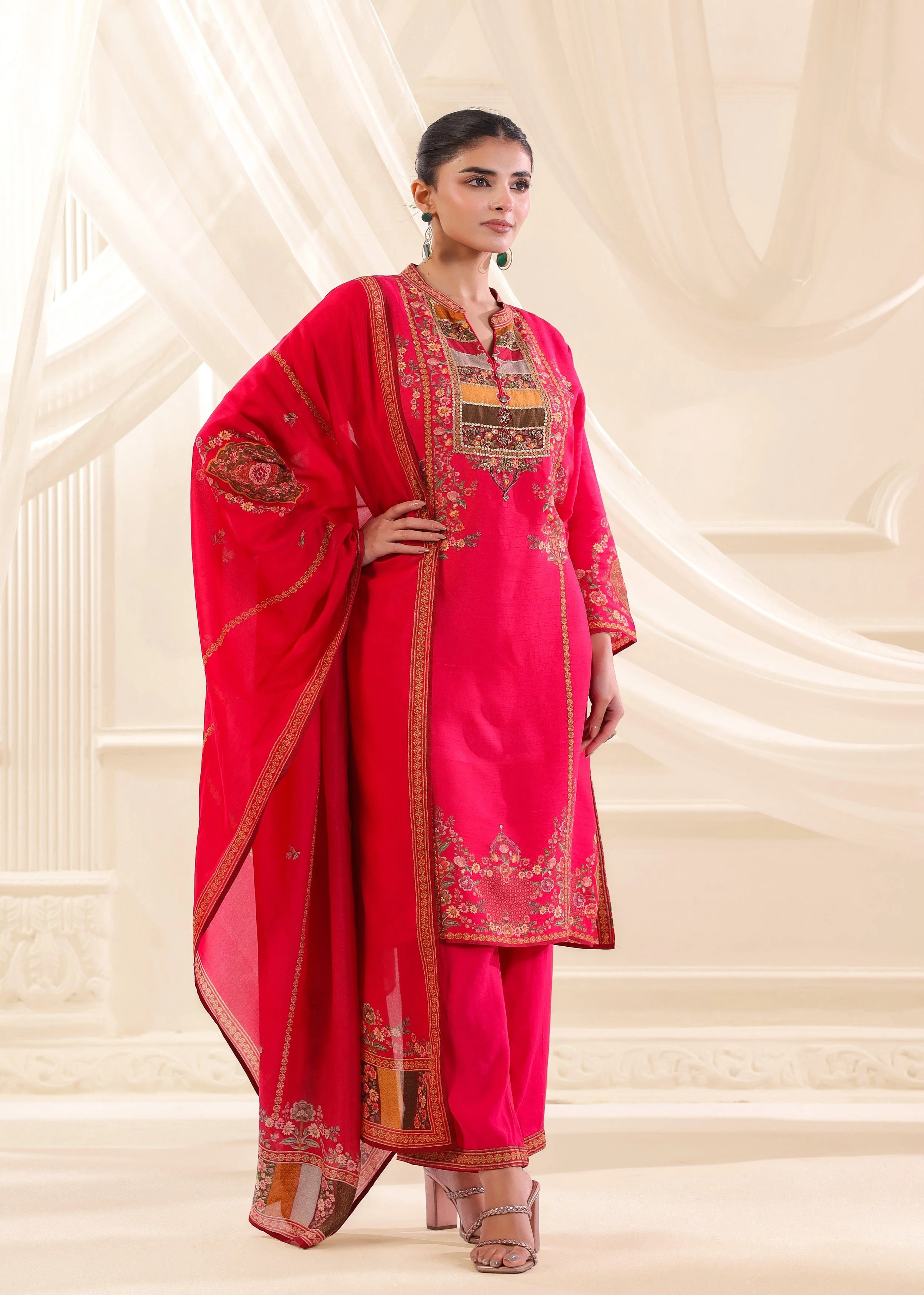 Fuchsia Pink Embellished Premium Silk Pant Set - Image 4