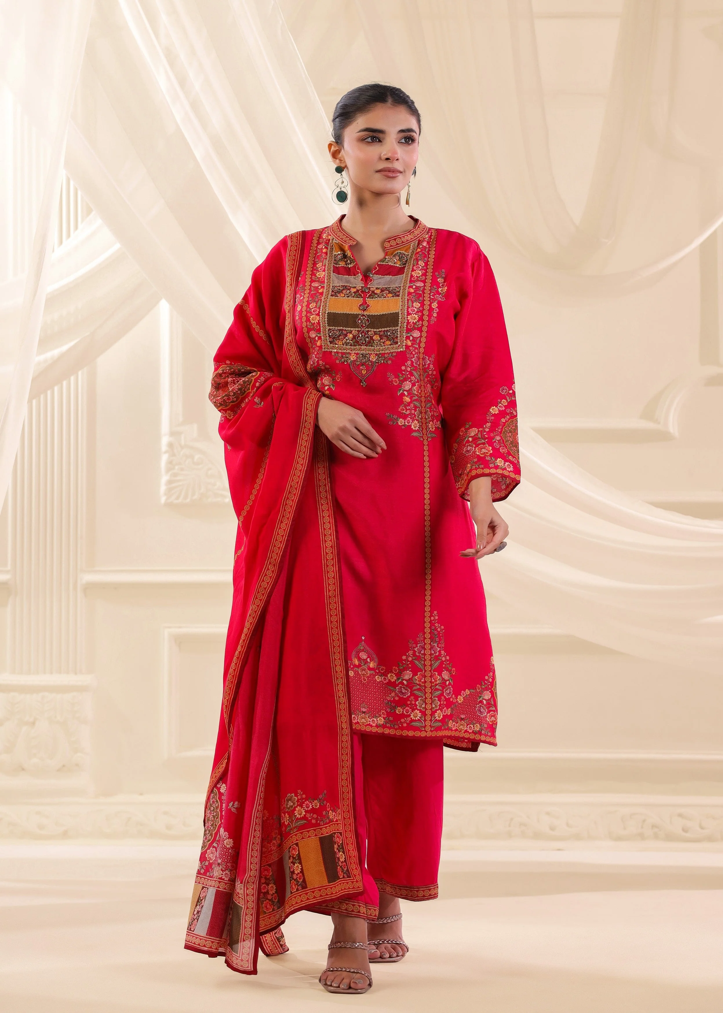 Fuchsia Pink Embellished Premium Silk Pant Set - Image 5