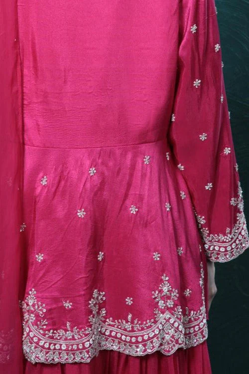 Fuchsia Pink Embroidered Peplum Kurta Skirt Set - Image 11