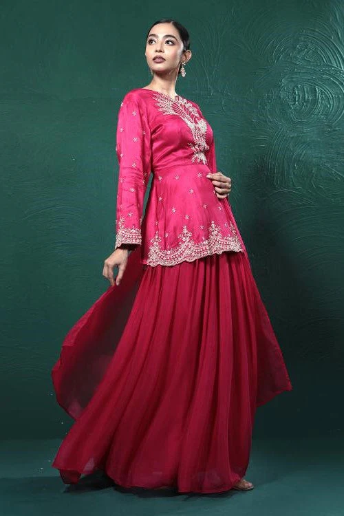 Fuchsia Pink Embroidered Peplum Kurta Skirt Set - Image 2
