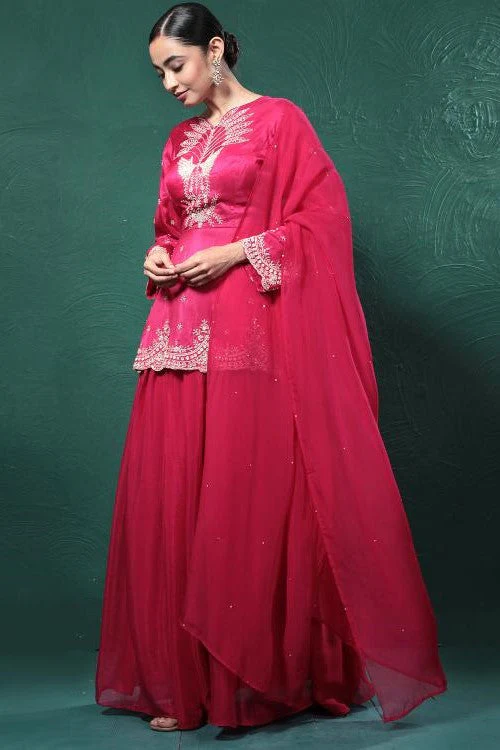 Fuchsia Pink Embroidered Peplum Kurta Skirt Set - Image 3