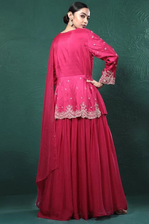 Fuchsia Pink Embroidered Peplum Kurta Skirt Set - Image 4