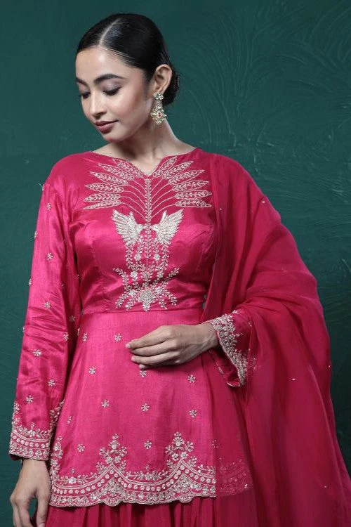 Fuchsia Pink Embroidered Peplum Kurta Skirt Set - Image 5