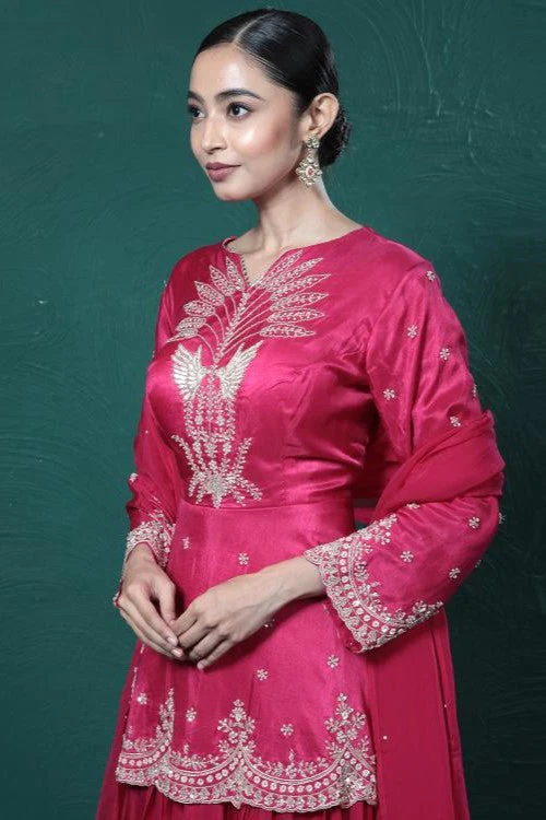 Fuchsia Pink Embroidered Peplum Kurta Skirt Set - Image 7