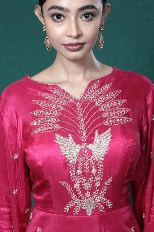 Fuchsia Pink Embroidered Peplum Kurta Skirt Set - Image 8
