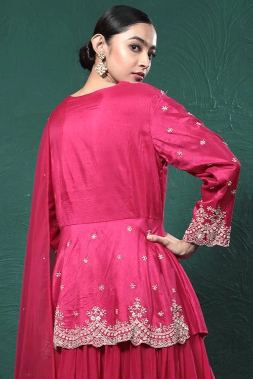 Fuchsia Pink Embroidered Peplum Kurta Skirt Set - Image 9
