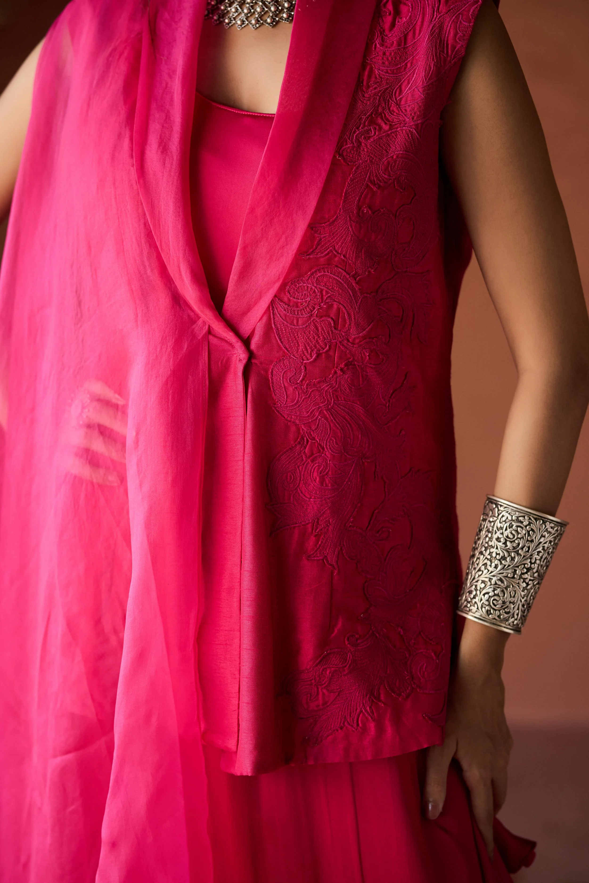 Fuchsia Pink Embroidered Raw Silk Jacket Dress - Image 2