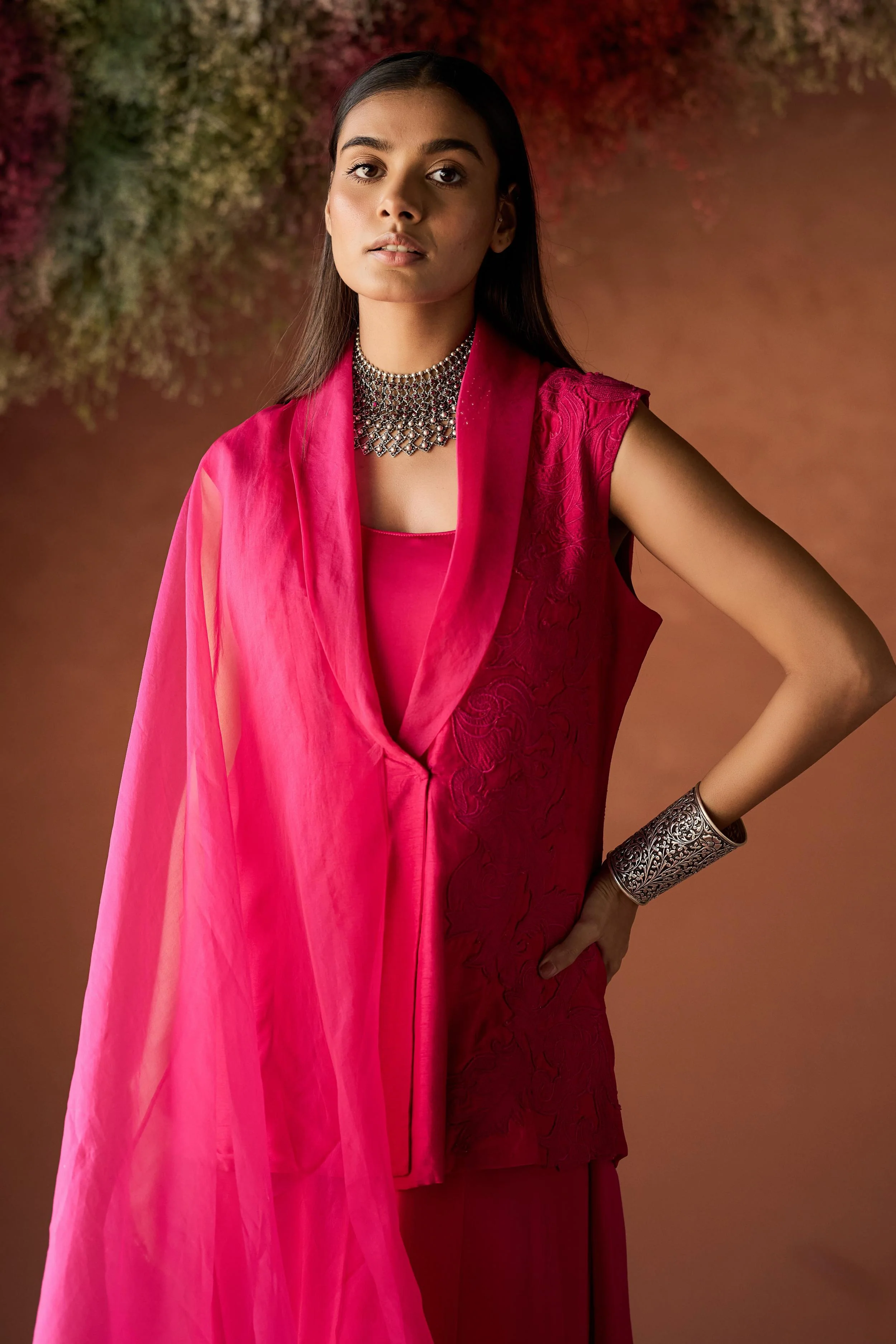 Fuchsia Pink Embroidered Raw Silk Jacket Dress - Image 3
