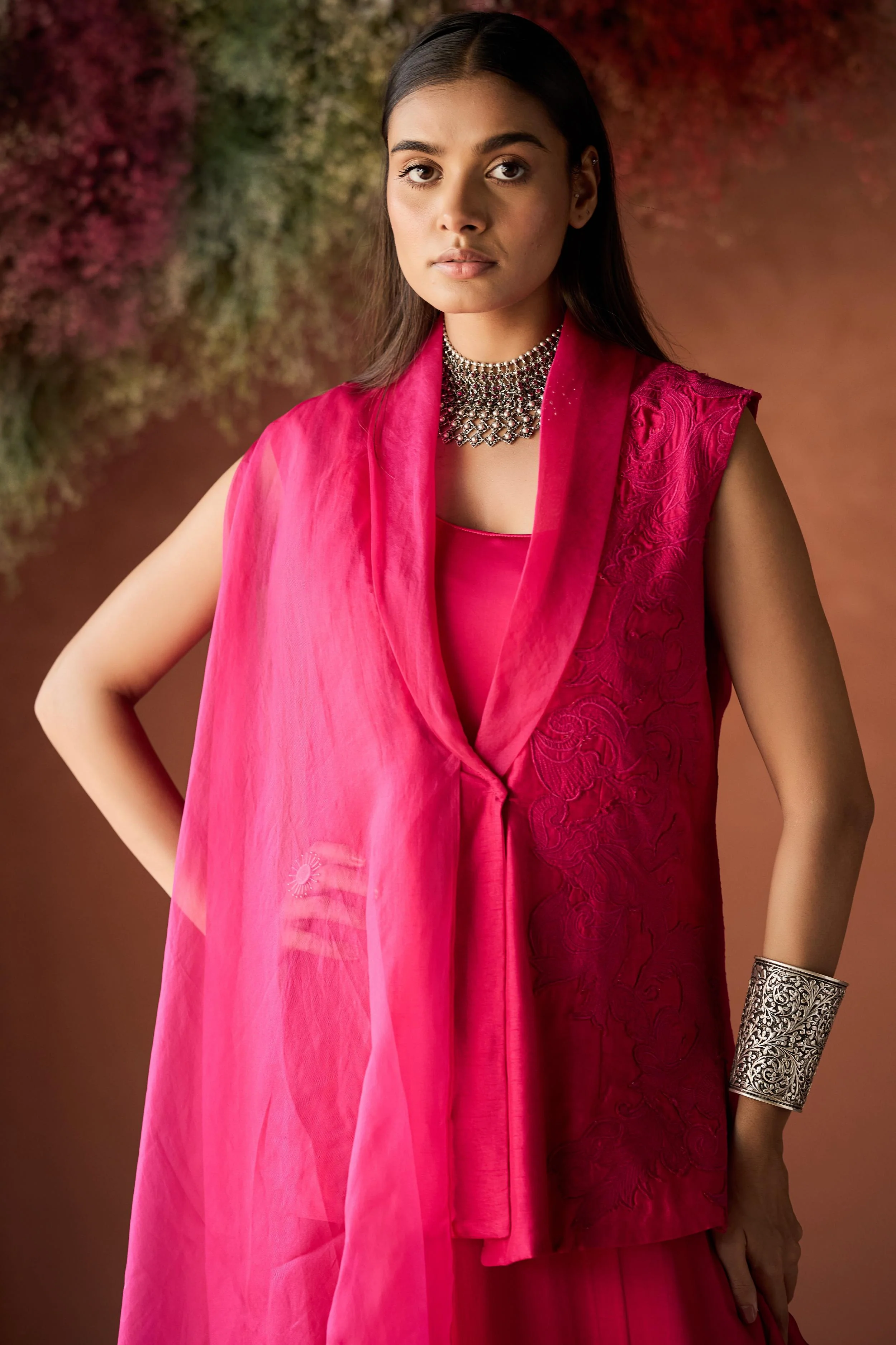 Fuchsia Pink Embroidered Raw Silk Jacket Dress - Image 4