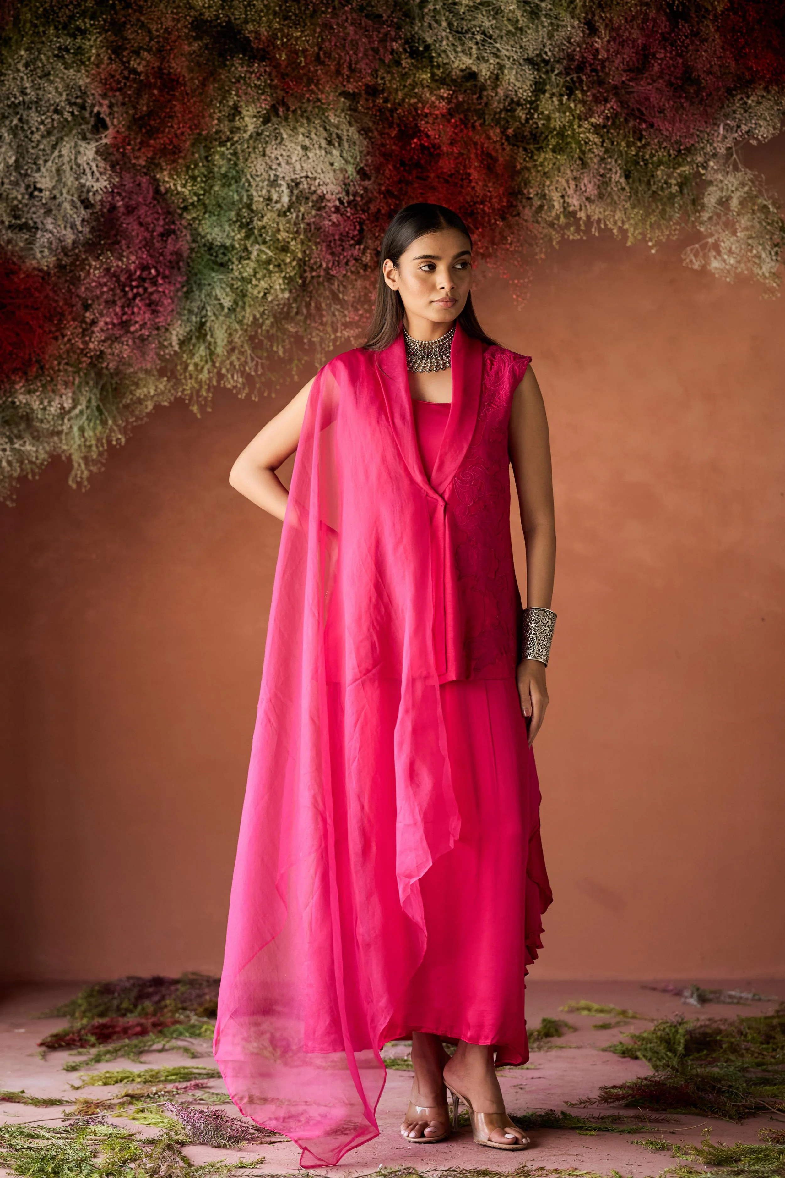 Fuchsia Pink Embroidered Raw Silk Jacket Dress - Image 5