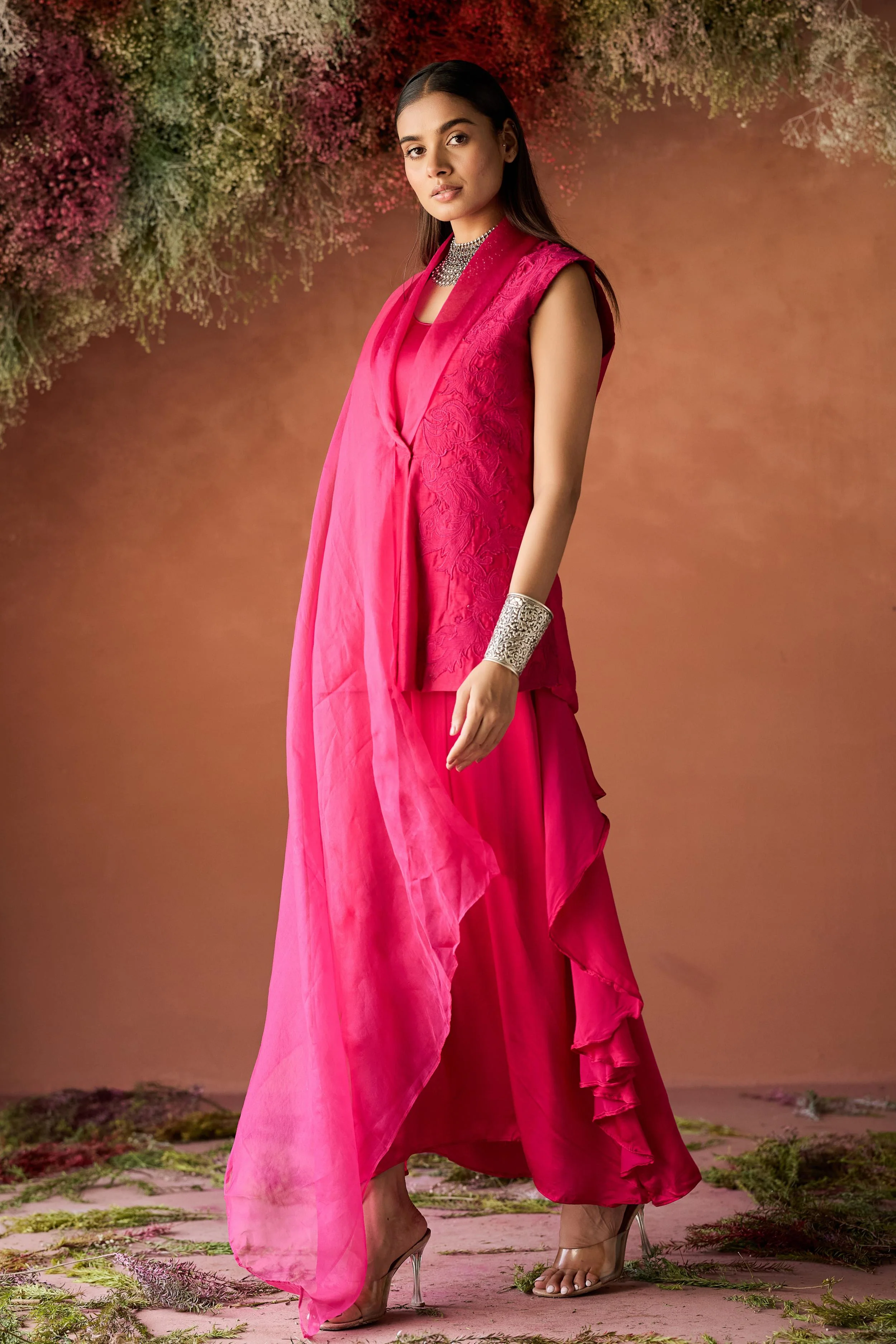 Fuchsia Pink Embroidered Raw Silk Jacket Dress - Image 6