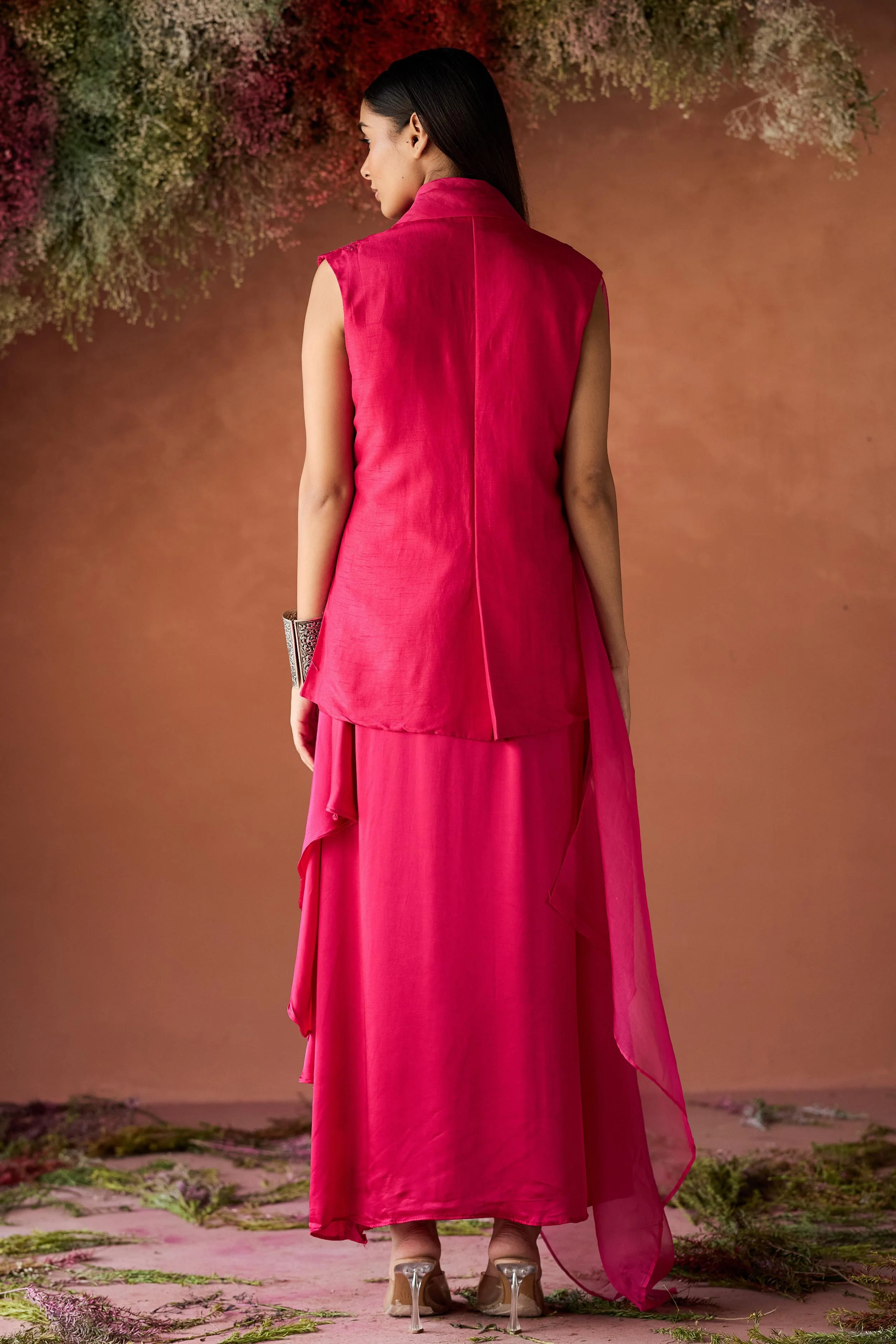 Fuchsia Pink Embroidered Raw Silk Jacket Dress - Image 7