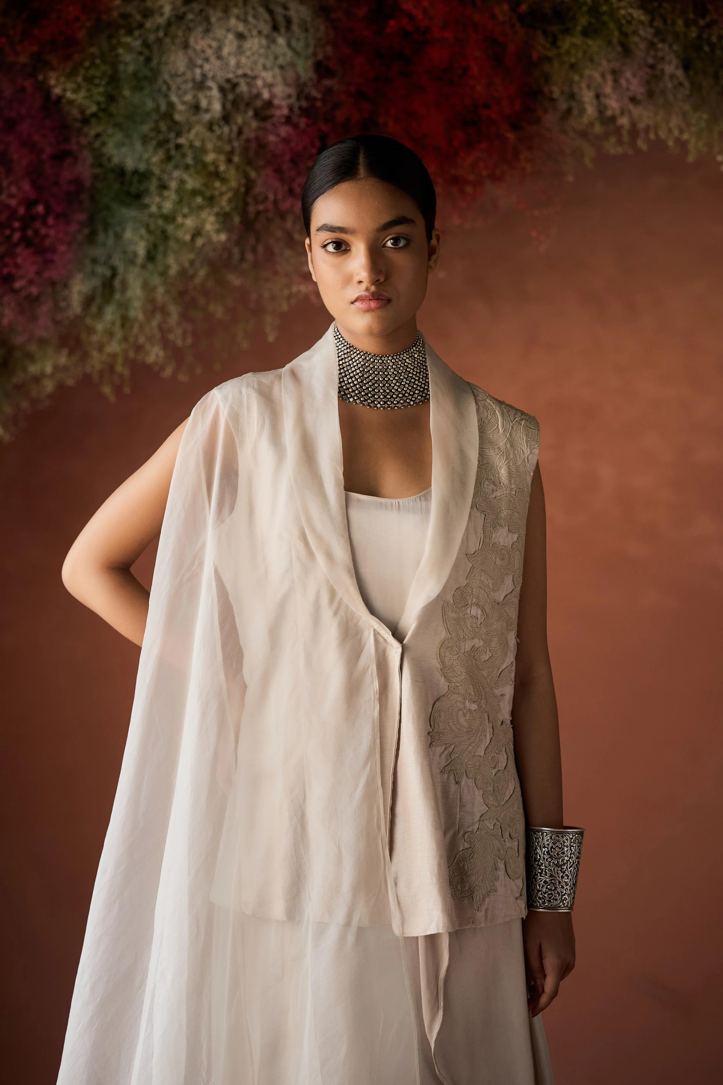 White Embroidered Raw Silk Jacket Dress - Image 3